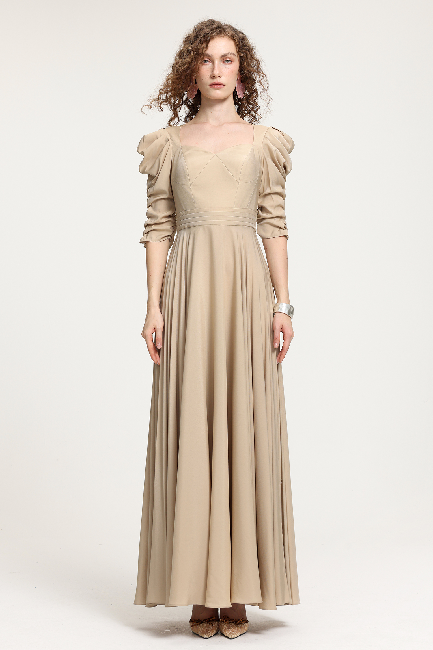 Vintage Court-Style Beige Satin Maxi Dress With Hand-Smocked Puff Sleeves