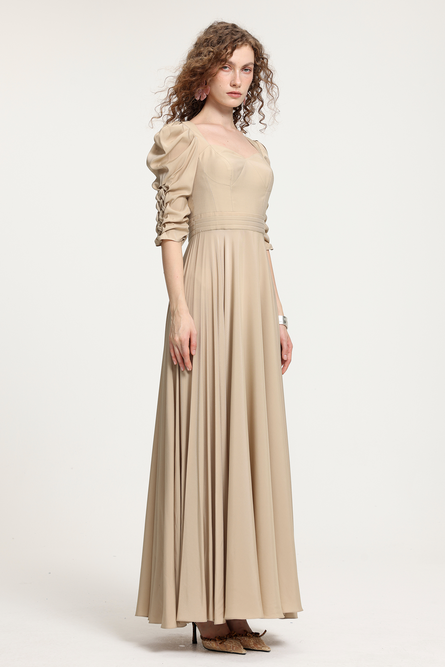 Vintage Court-Style Beige Satin Maxi Dress With Hand-Smocked Puff Sleeves