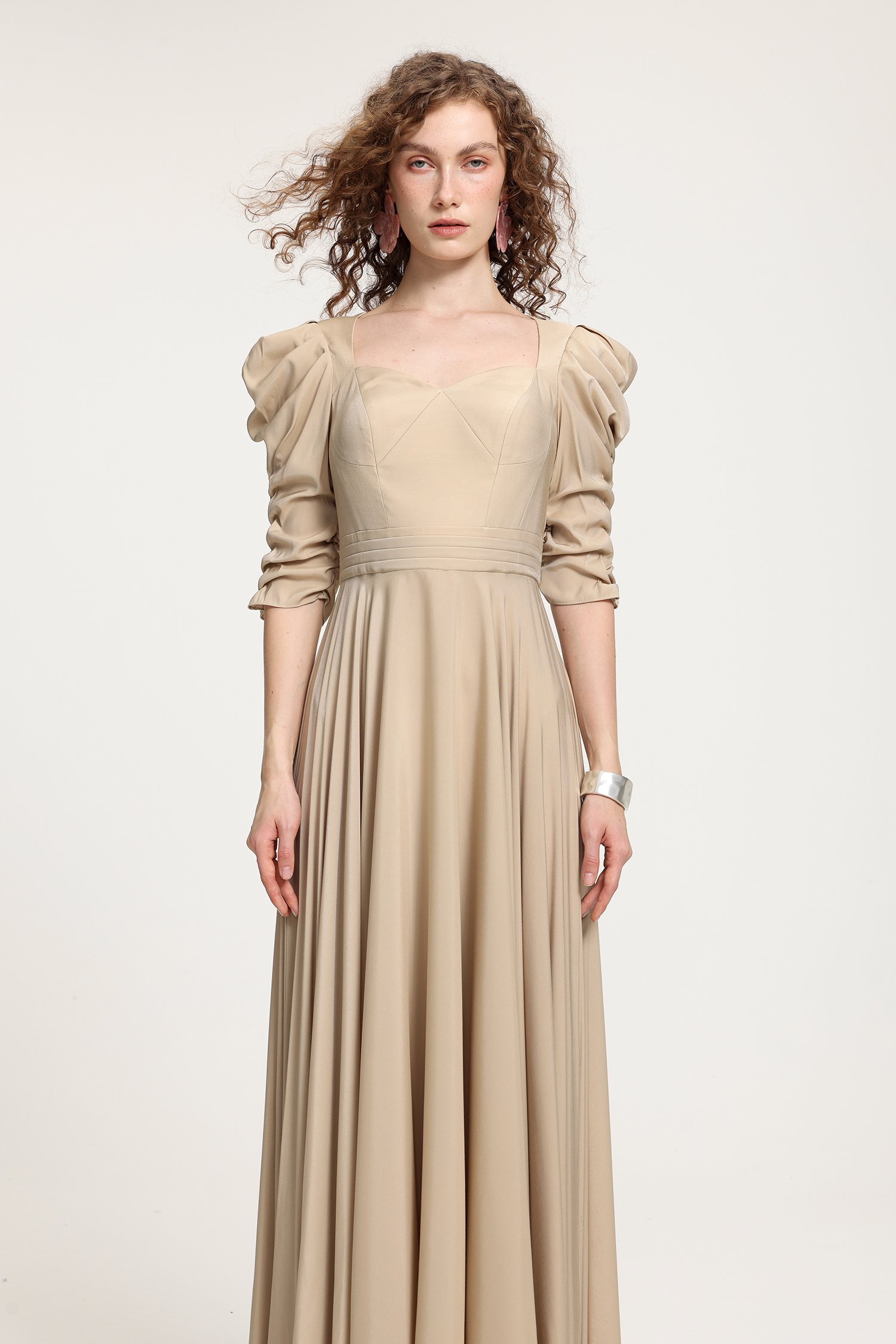 Vintage Court-Style Beige Satin Maxi Dress With Hand-Smocked Puff Sleeves
