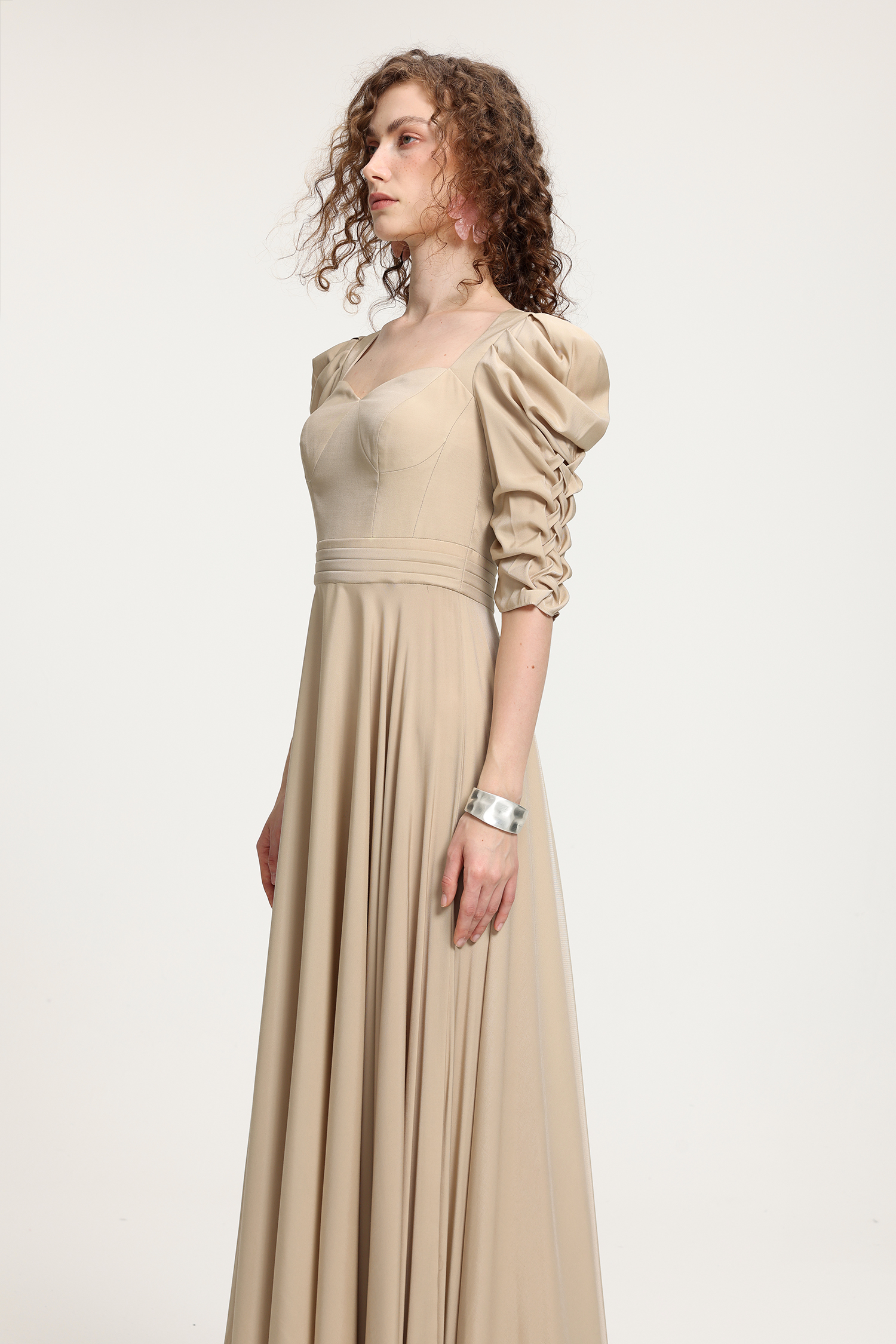 Vintage Court-Style Beige Satin Maxi Dress With Hand-Smocked Puff Sleeves