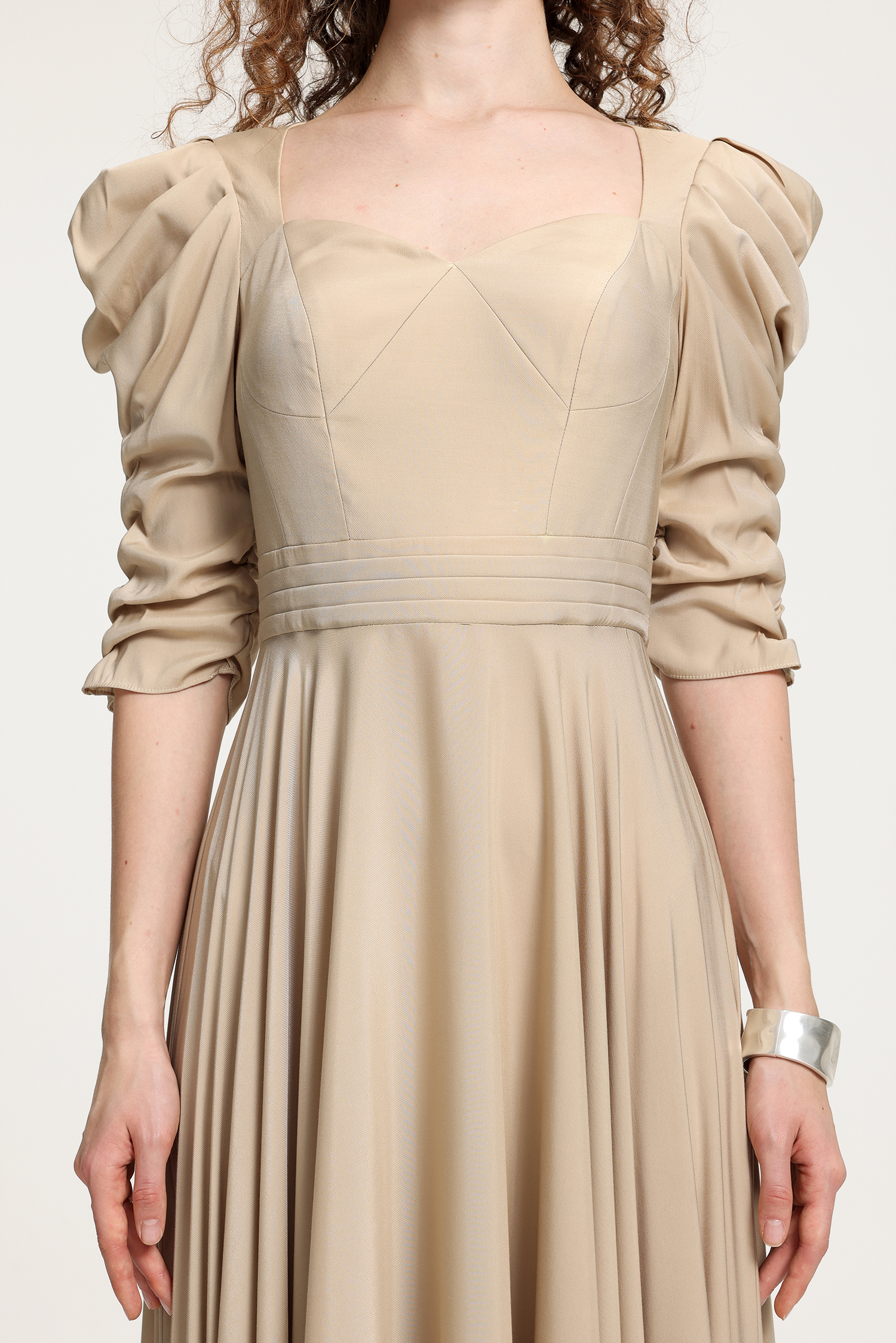 Vintage Court-Style Beige Satin Maxi Dress With Hand-Smocked Puff Sleeves