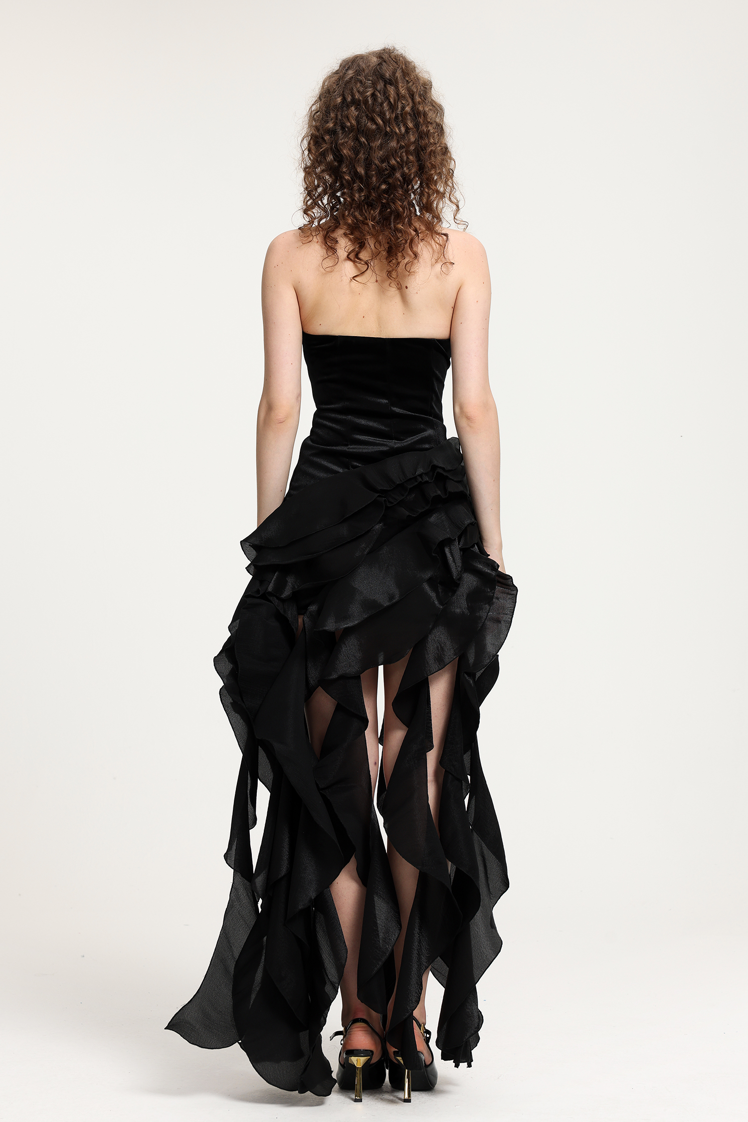 Black Crystal-Embellished Velvet Strapless Gown With Avant-Garde Ruffled Asymmetric Skirt