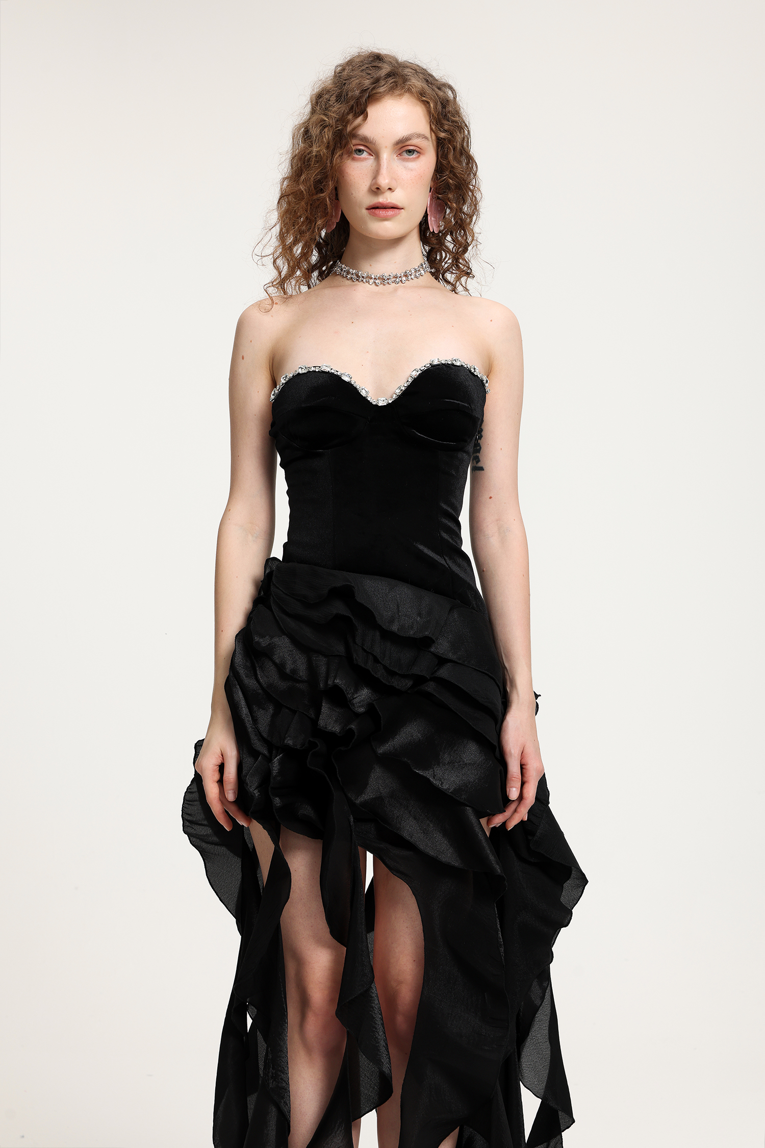 Black Crystal-Embellished Velvet Strapless Gown With Avant-Garde Ruffled Asymmetric Skirt