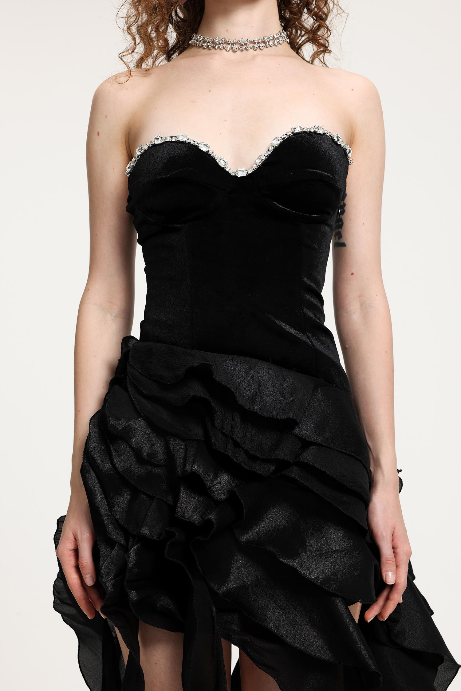 Black Crystal-Embellished Velvet Strapless Gown With Avant-Garde Ruffled Asymmetric Skirt