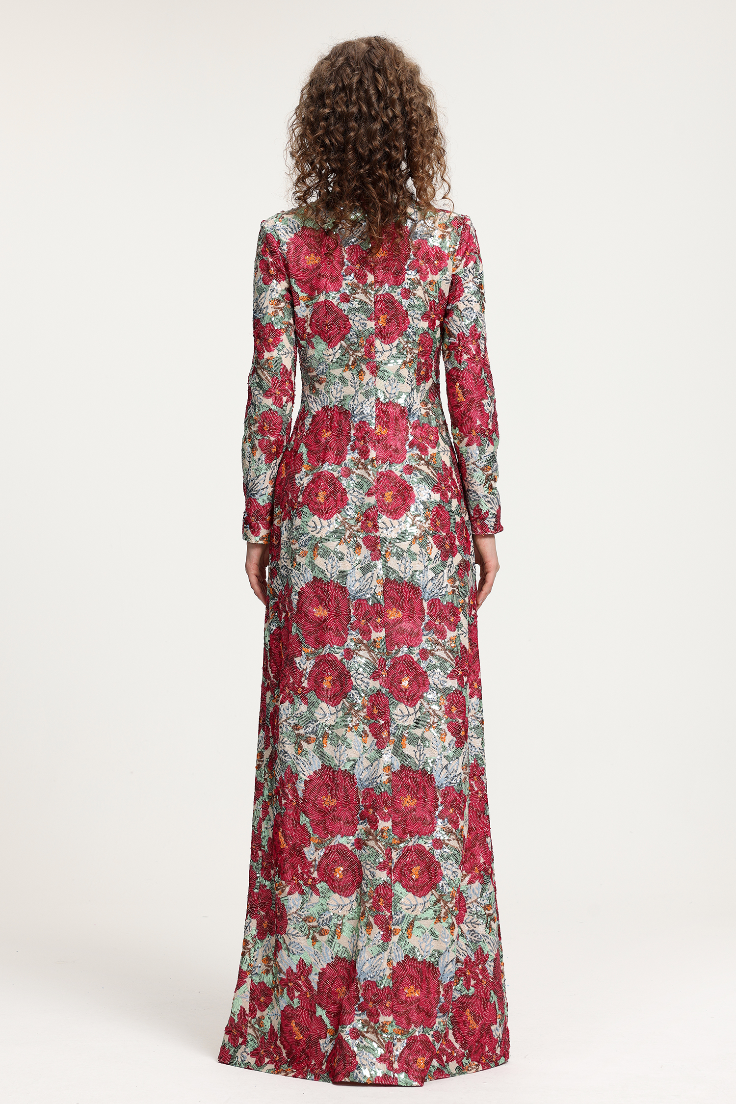 Floral-Printed Long-Sleeve Maxi Gown With High Neckline
