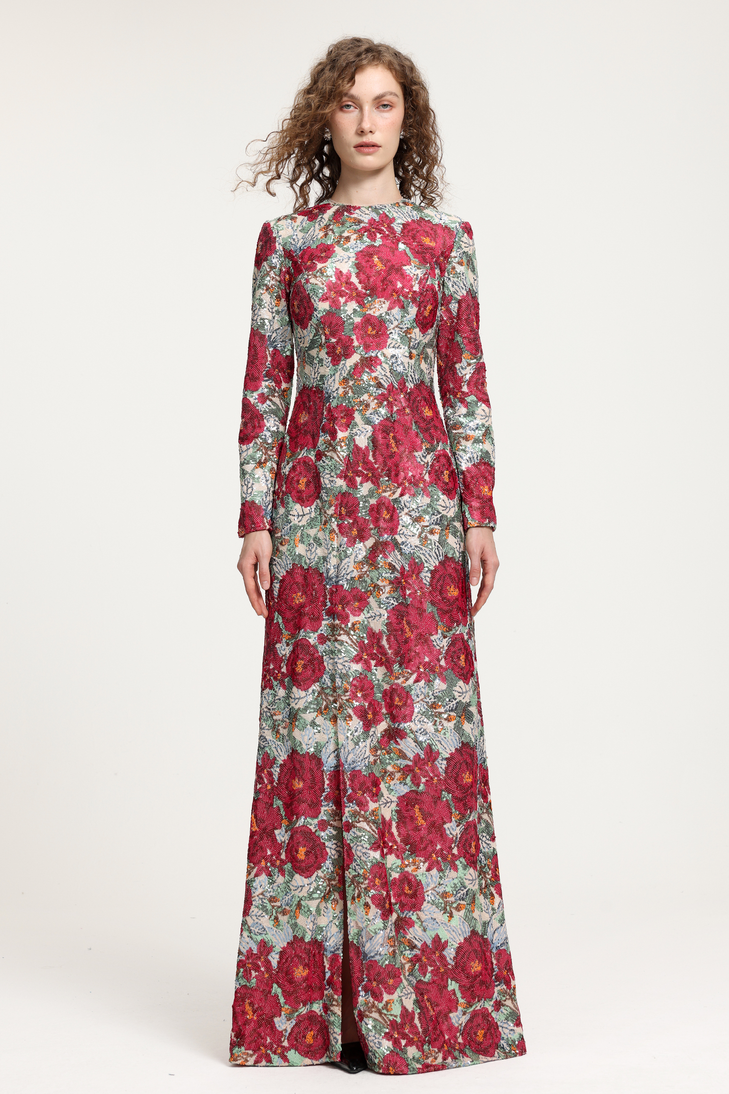 Floral-Printed Long-Sleeve Maxi Gown With High Neckline