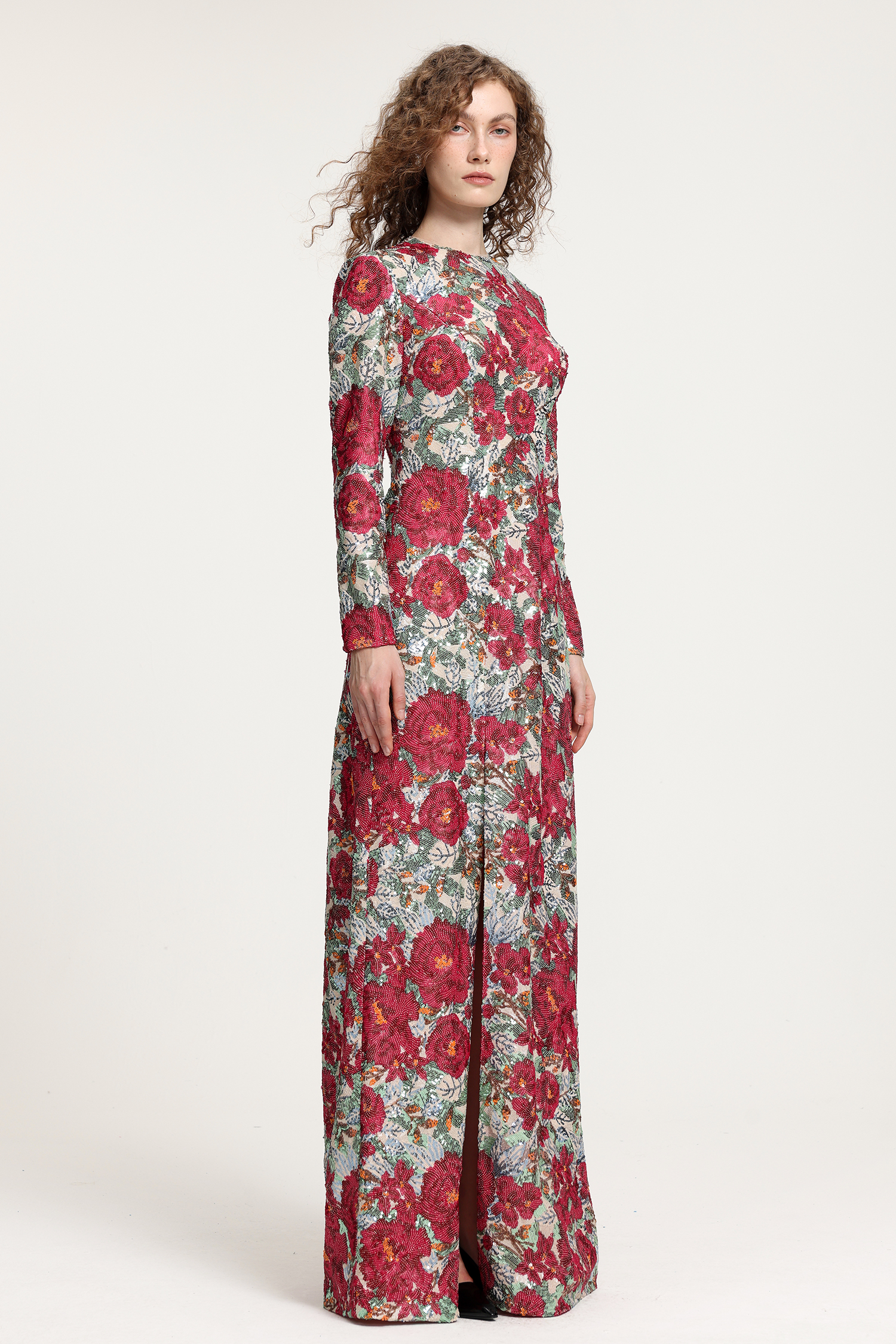 Floral-Printed Long-Sleeve Maxi Gown With High Neckline