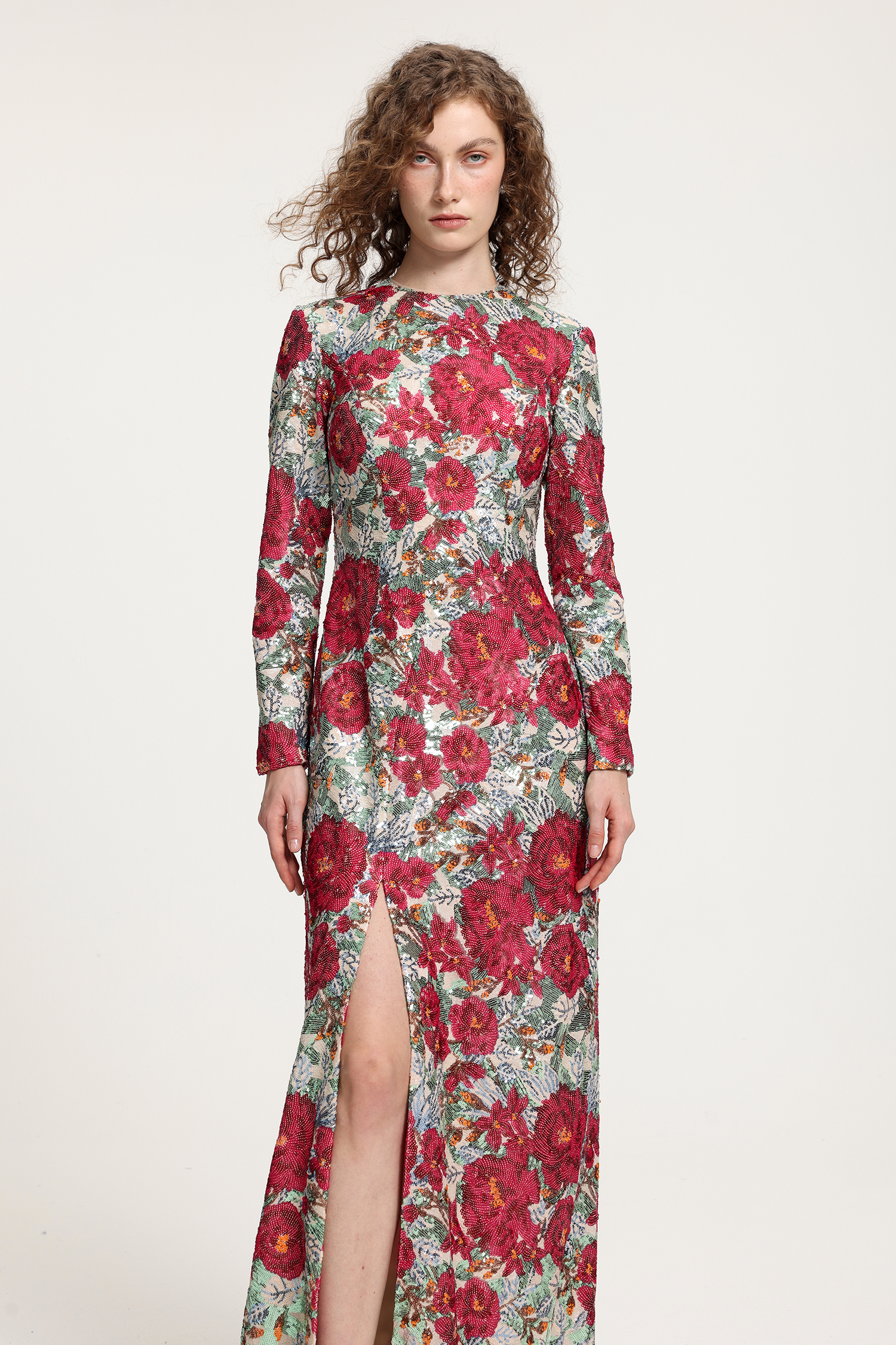 Floral-Printed Long-Sleeve Maxi Gown With High Neckline