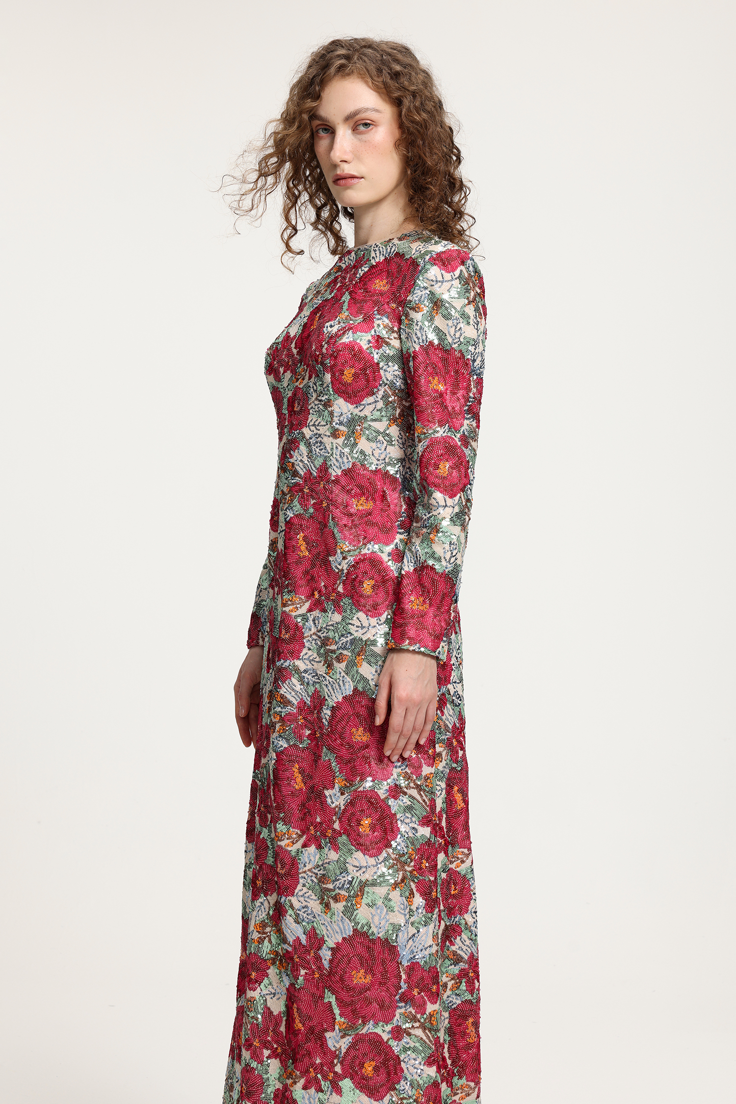 Floral-Printed Long-Sleeve Maxi Gown With High Neckline