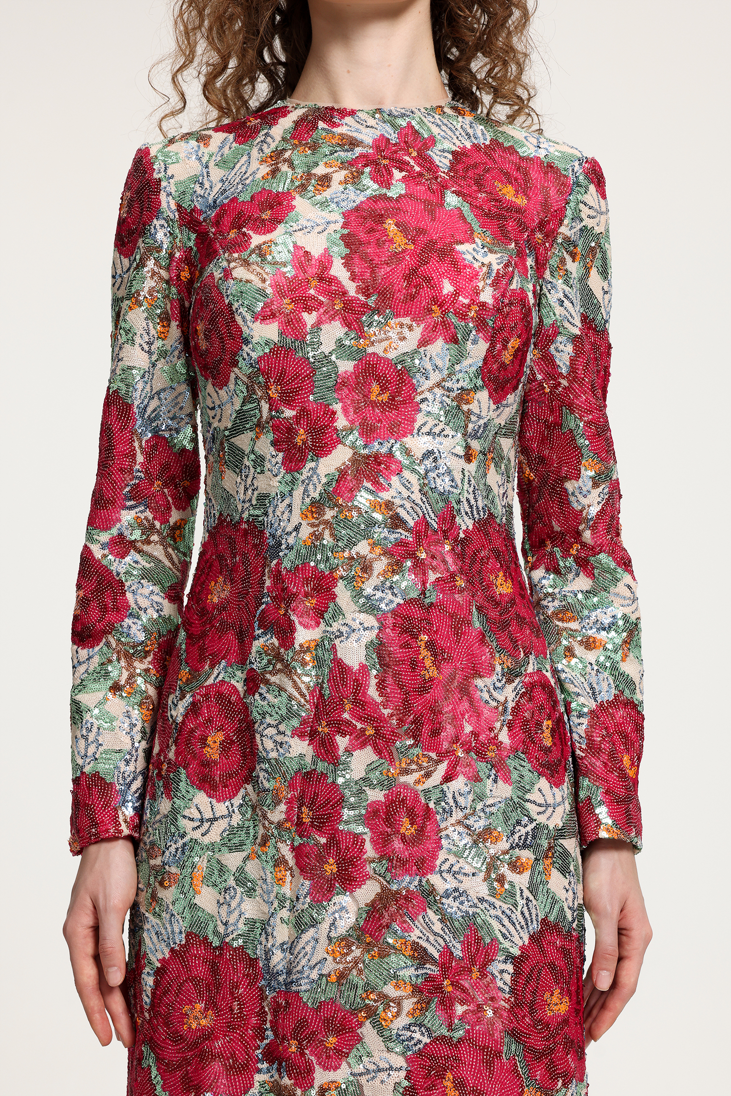 Floral-Printed Long-Sleeve Maxi Gown With High Neckline