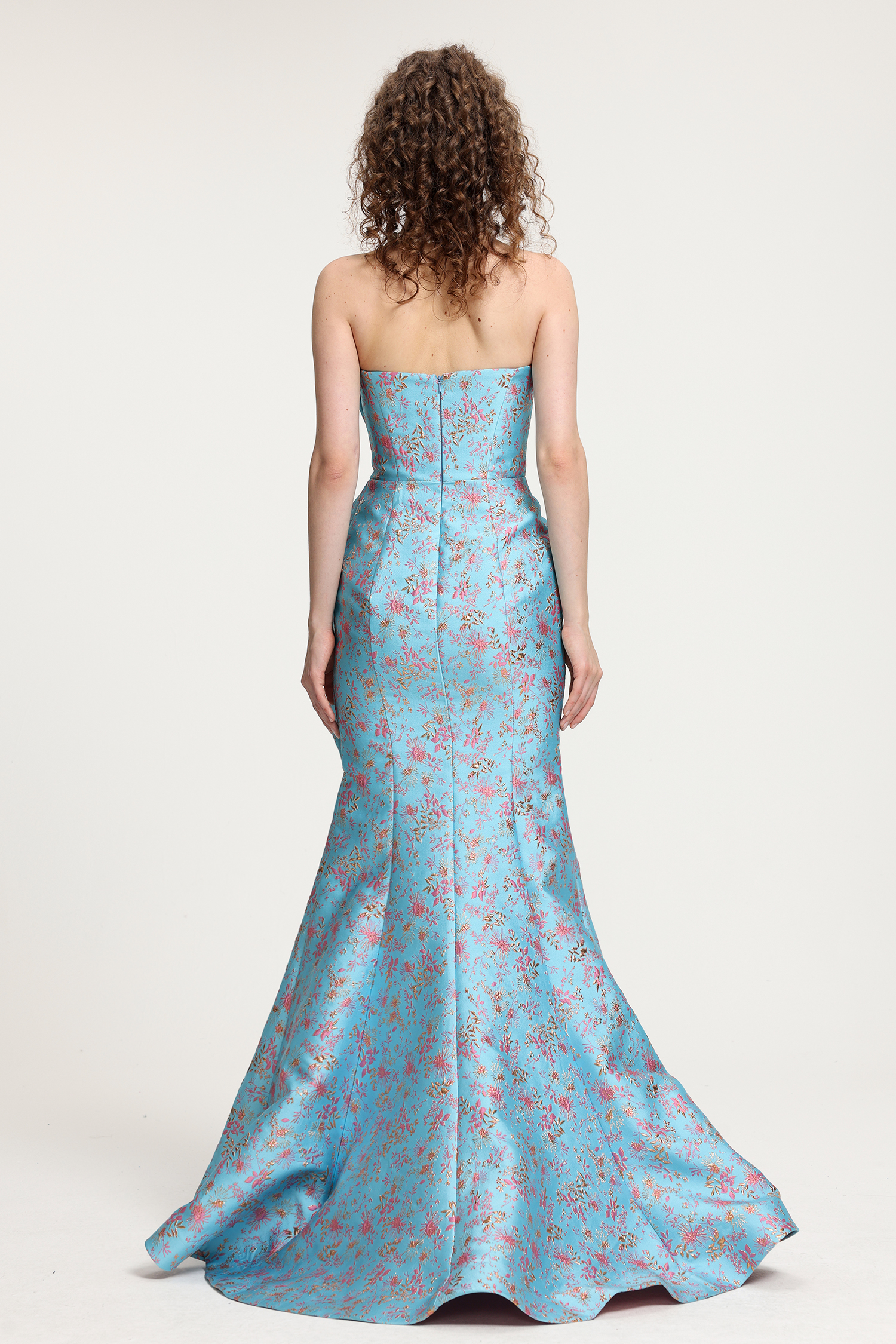 Light Blue Floral-Printed Strapless Mermaid Gown With Asymmetric Ruffle Detail Dress