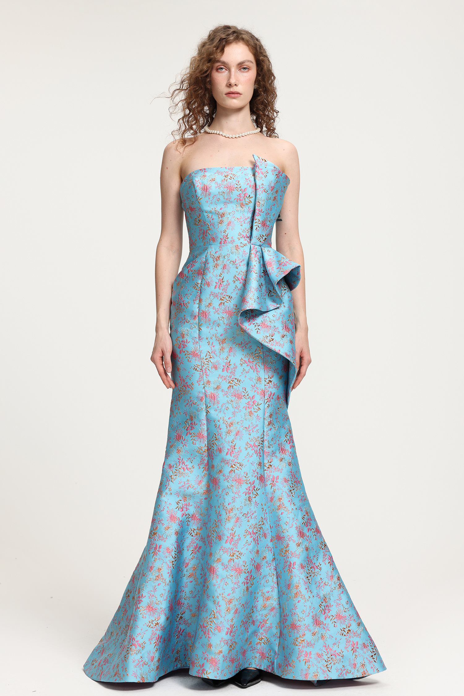 Light Blue Floral-Printed Strapless Mermaid Gown With Asymmetric Ruffle Detail Dress