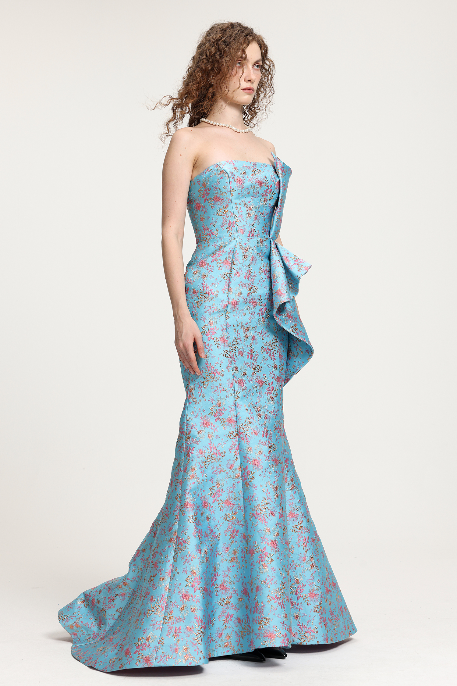 Light Blue Floral-Printed Strapless Mermaid Gown With Asymmetric Ruffle Detail Dress