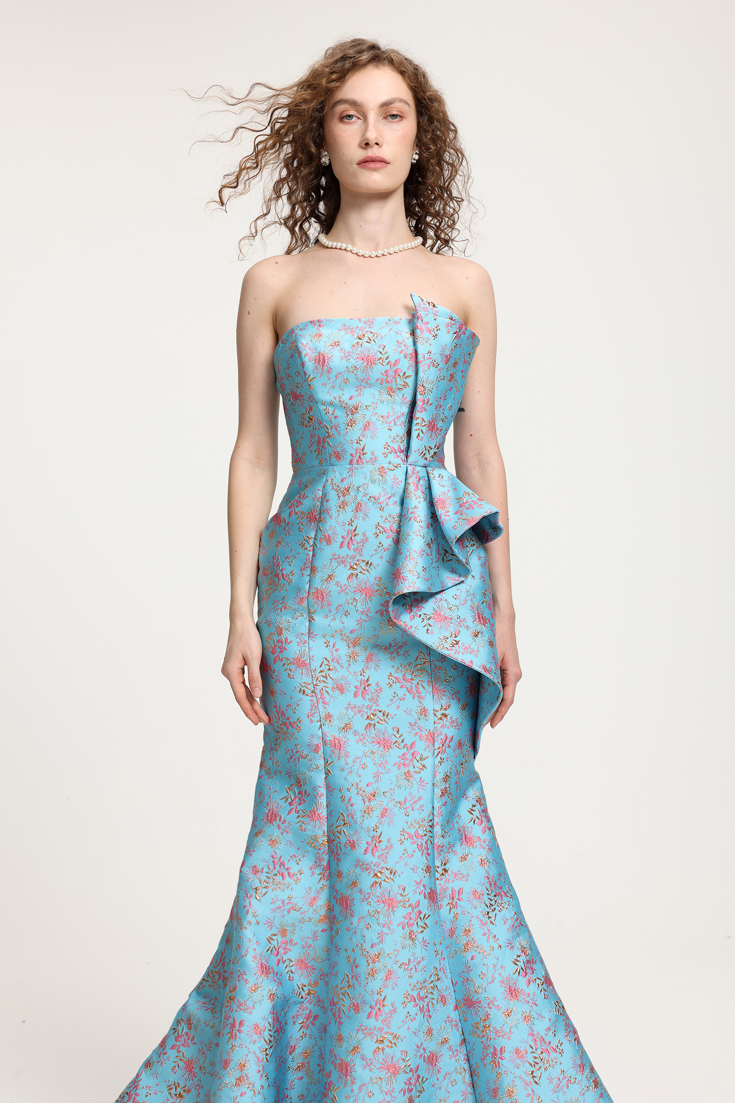 Light Blue Floral-Printed Strapless Mermaid Gown With Asymmetric Ruffle Detail Dress