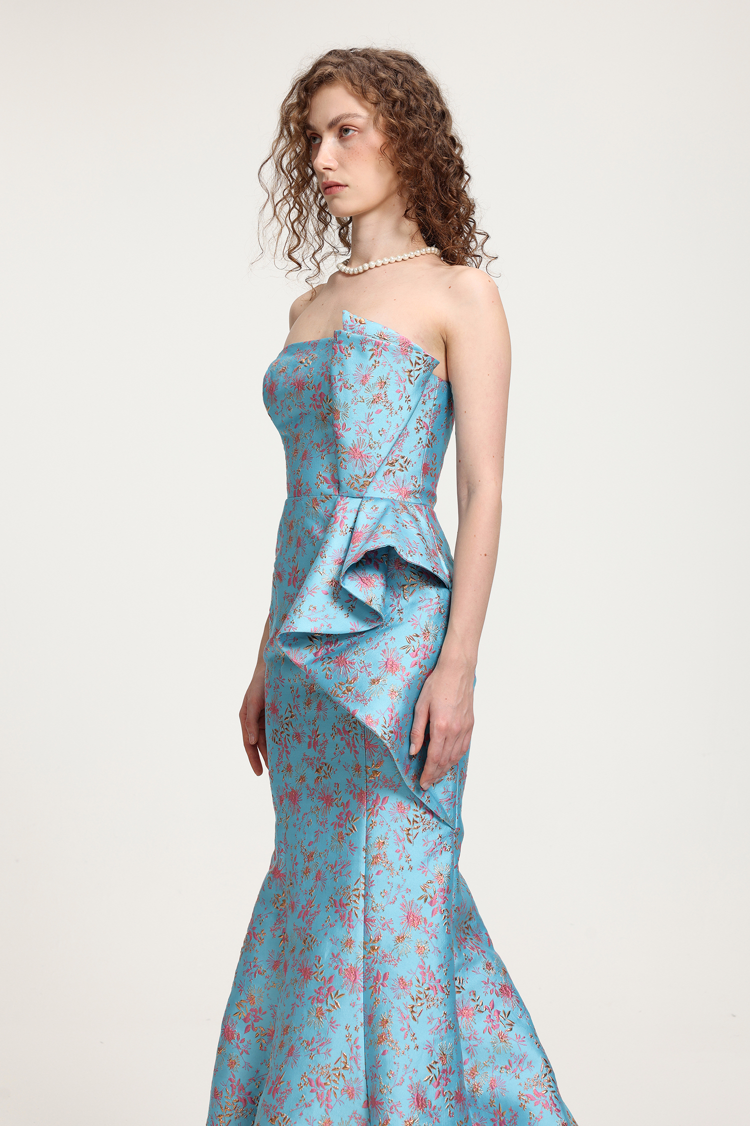 Light Blue Floral-Printed Strapless Mermaid Gown With Asymmetric Ruffle Detail Dress