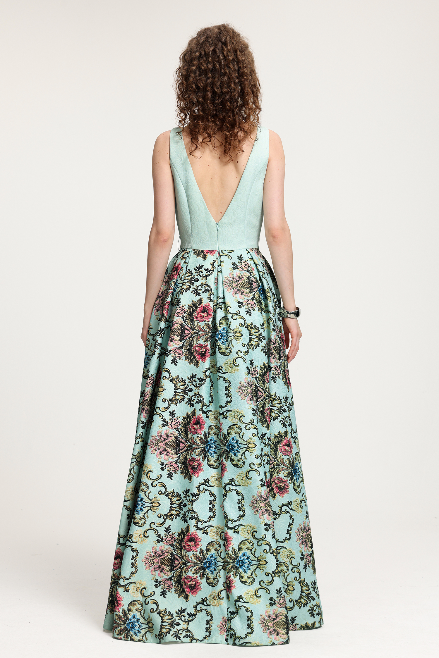 Light Mint Damask-Printed Sleeveless Maxi Gown With Floral Skirt