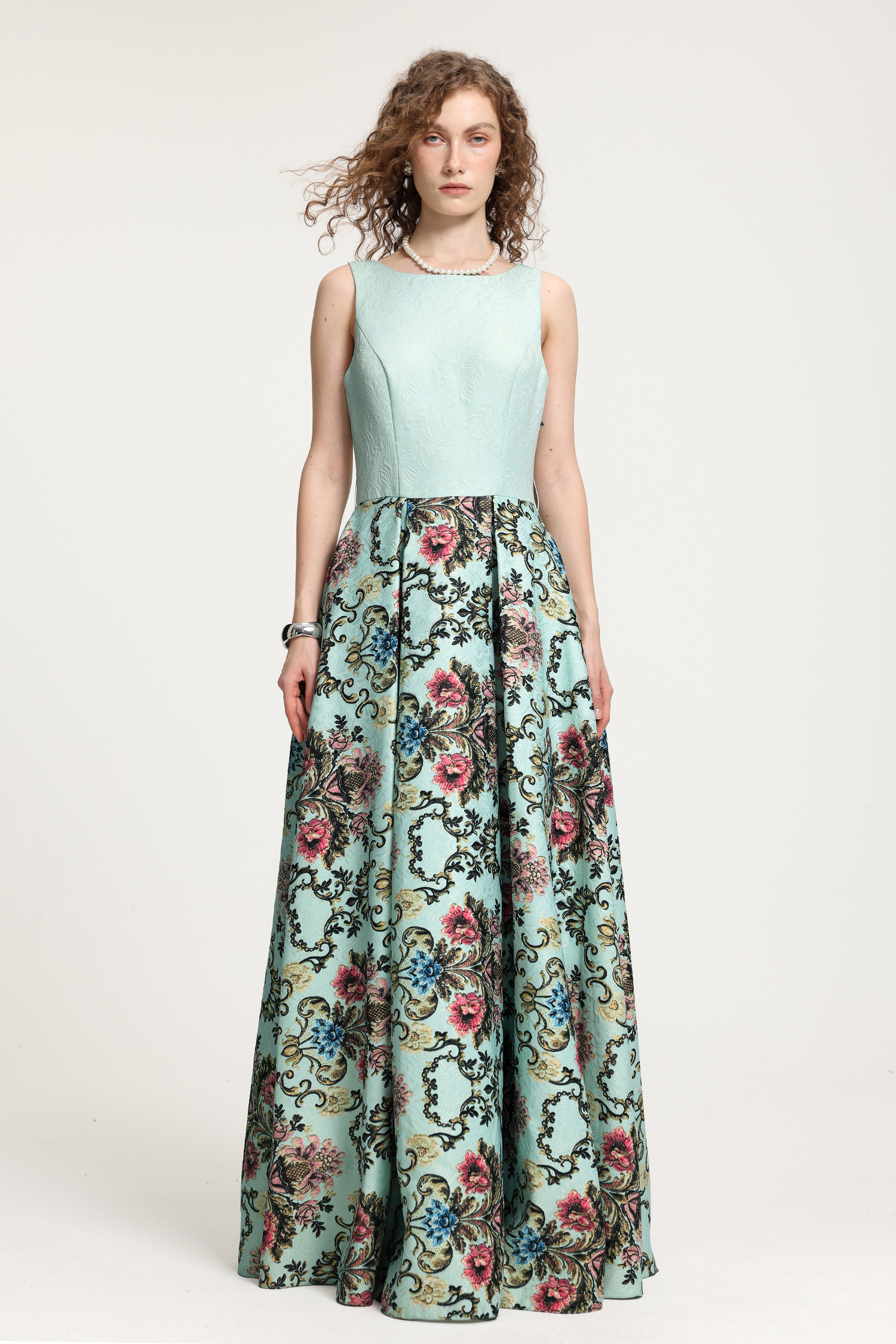 Light Mint Damask-Printed Sleeveless Maxi Gown With Floral Skirt