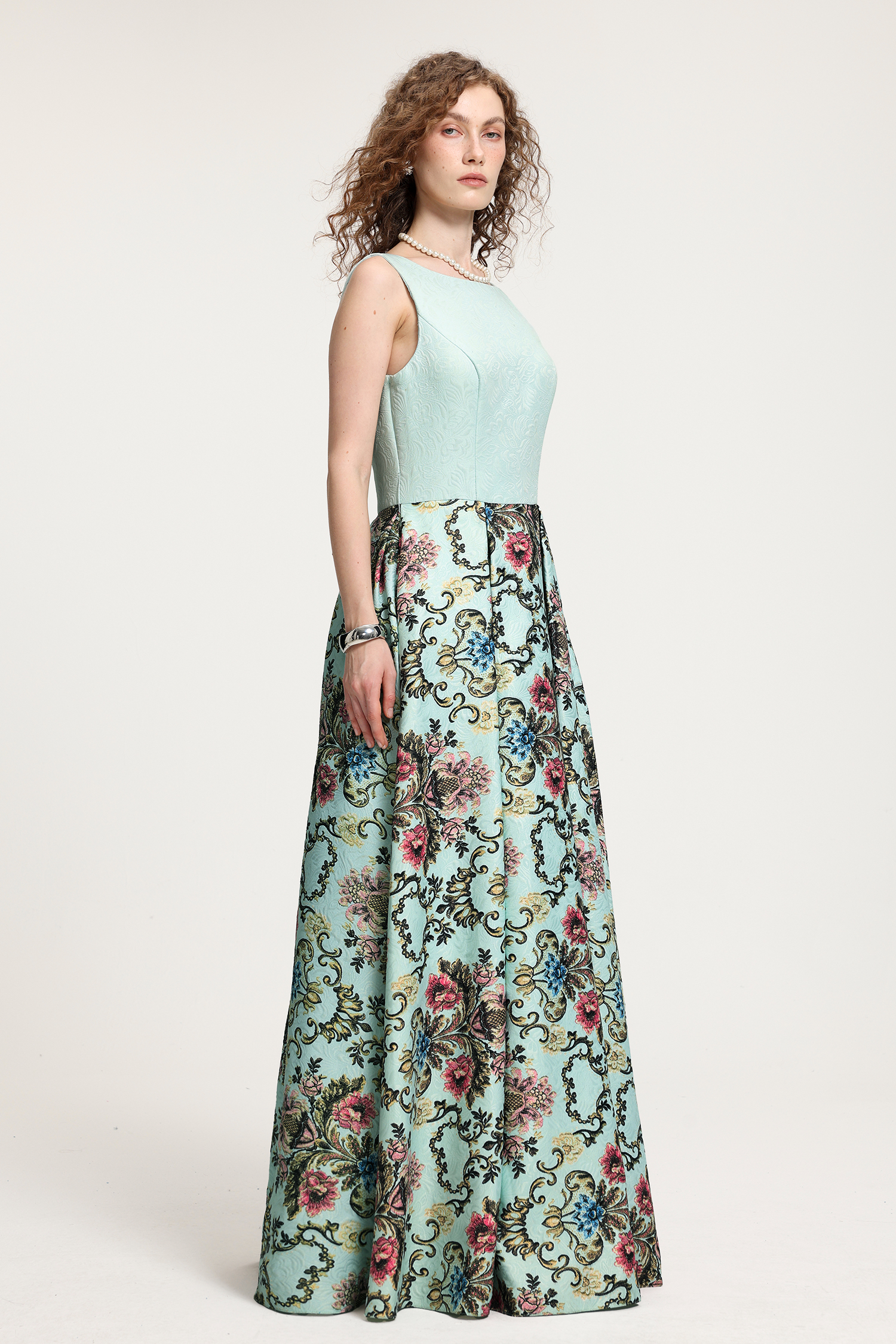 Light Mint Damask-Printed Sleeveless Maxi Gown With Floral Skirt