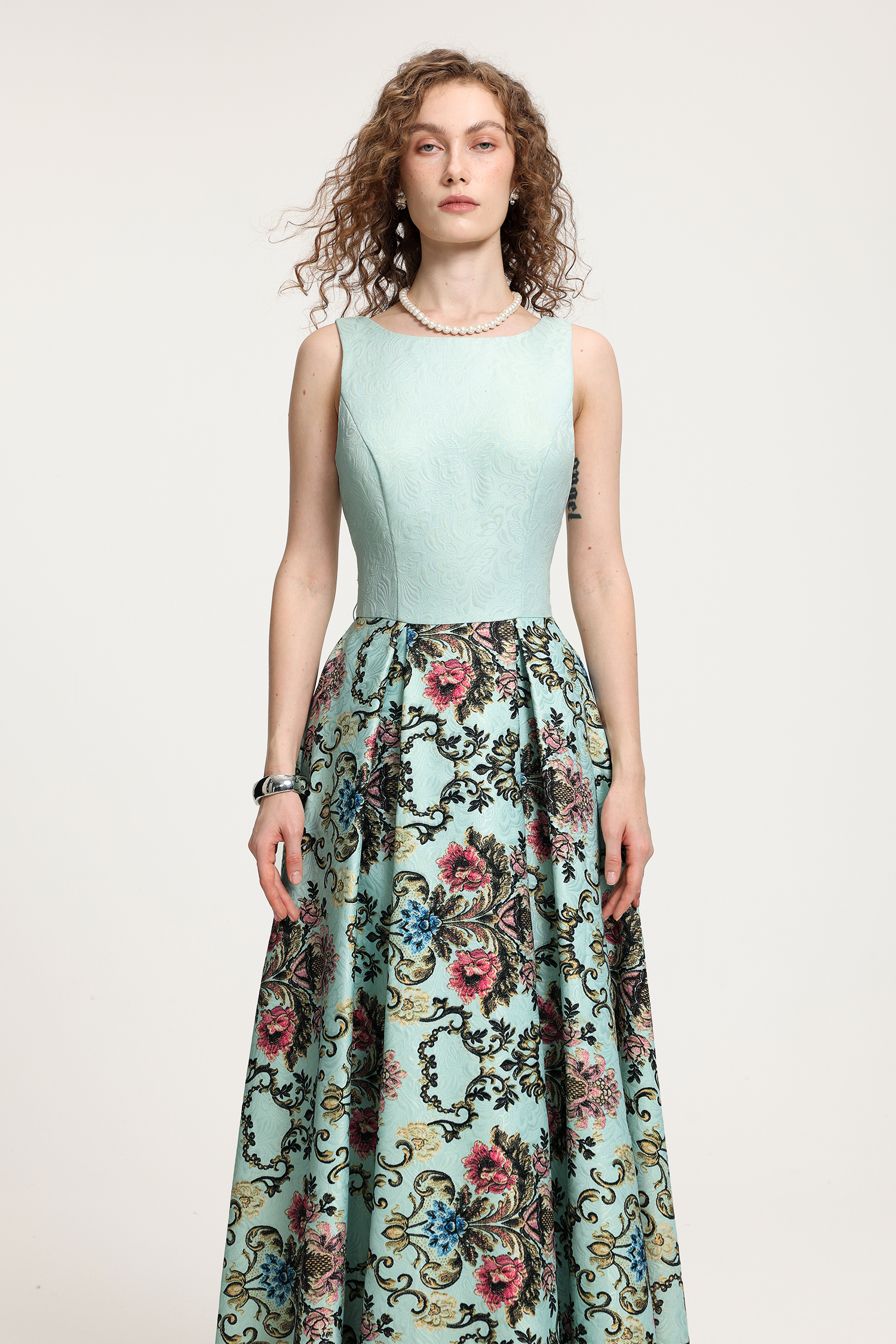 Light Mint Damask-Printed Sleeveless Maxi Gown With Floral Skirt