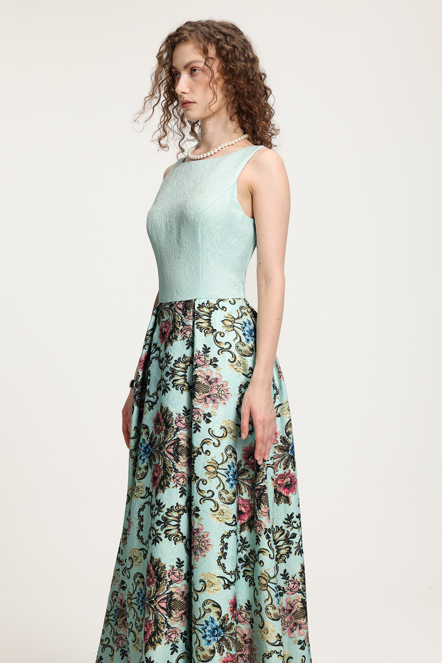 Light Mint Damask-Printed Sleeveless Maxi Gown With Floral Skirt