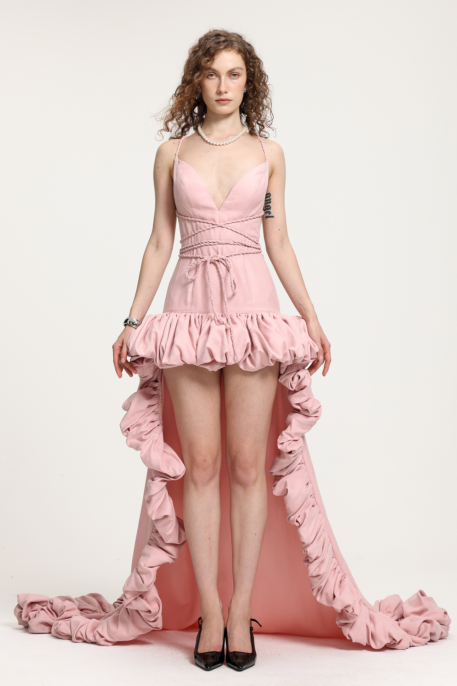 High-Low Ruffled Dress With Deep V-Neck And Crisscross Tie Waist