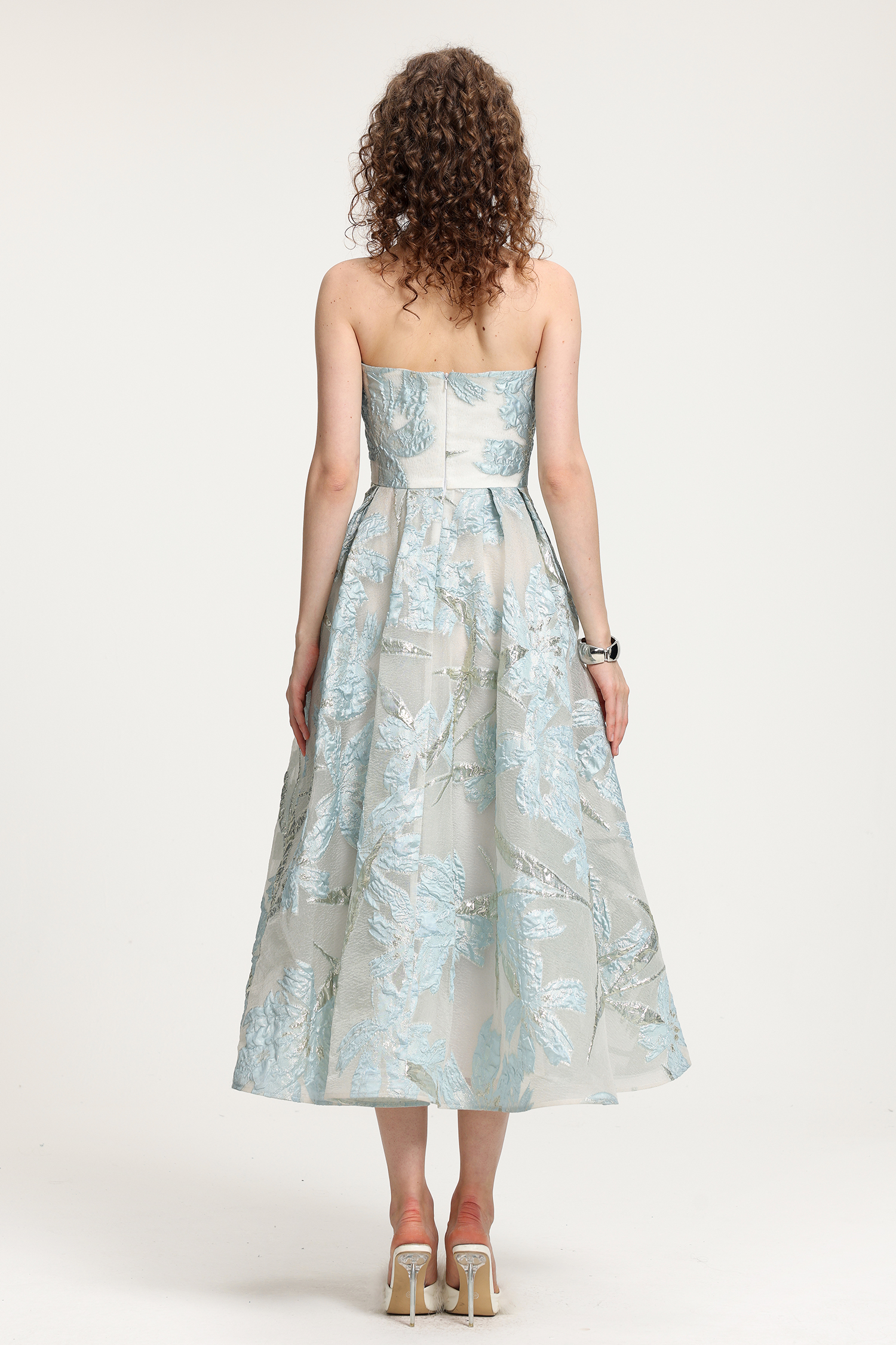 Light Blue Floral Jacquard Strapless Midi A-Line Dress