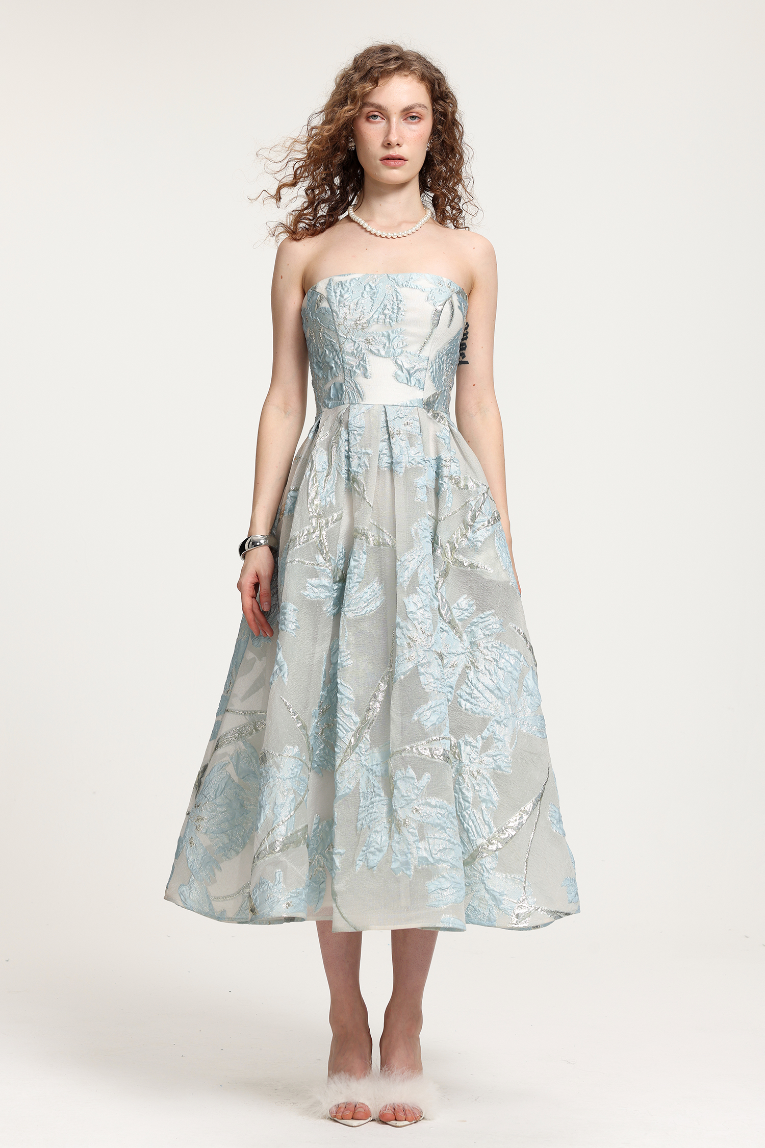 Light Blue Floral Jacquard Strapless Midi A-Line Dress