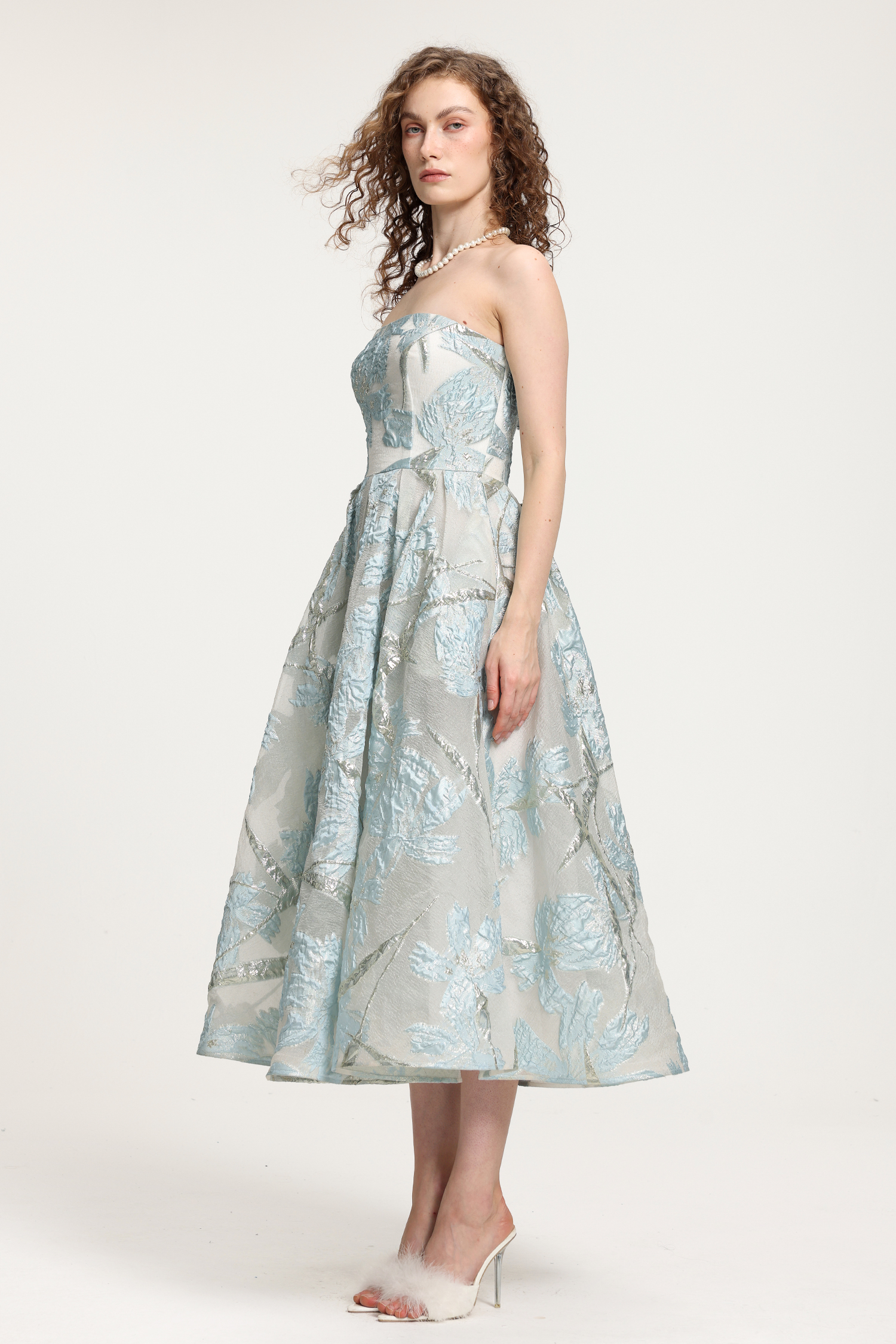 Light Blue Floral Jacquard Strapless Midi A-Line Dress