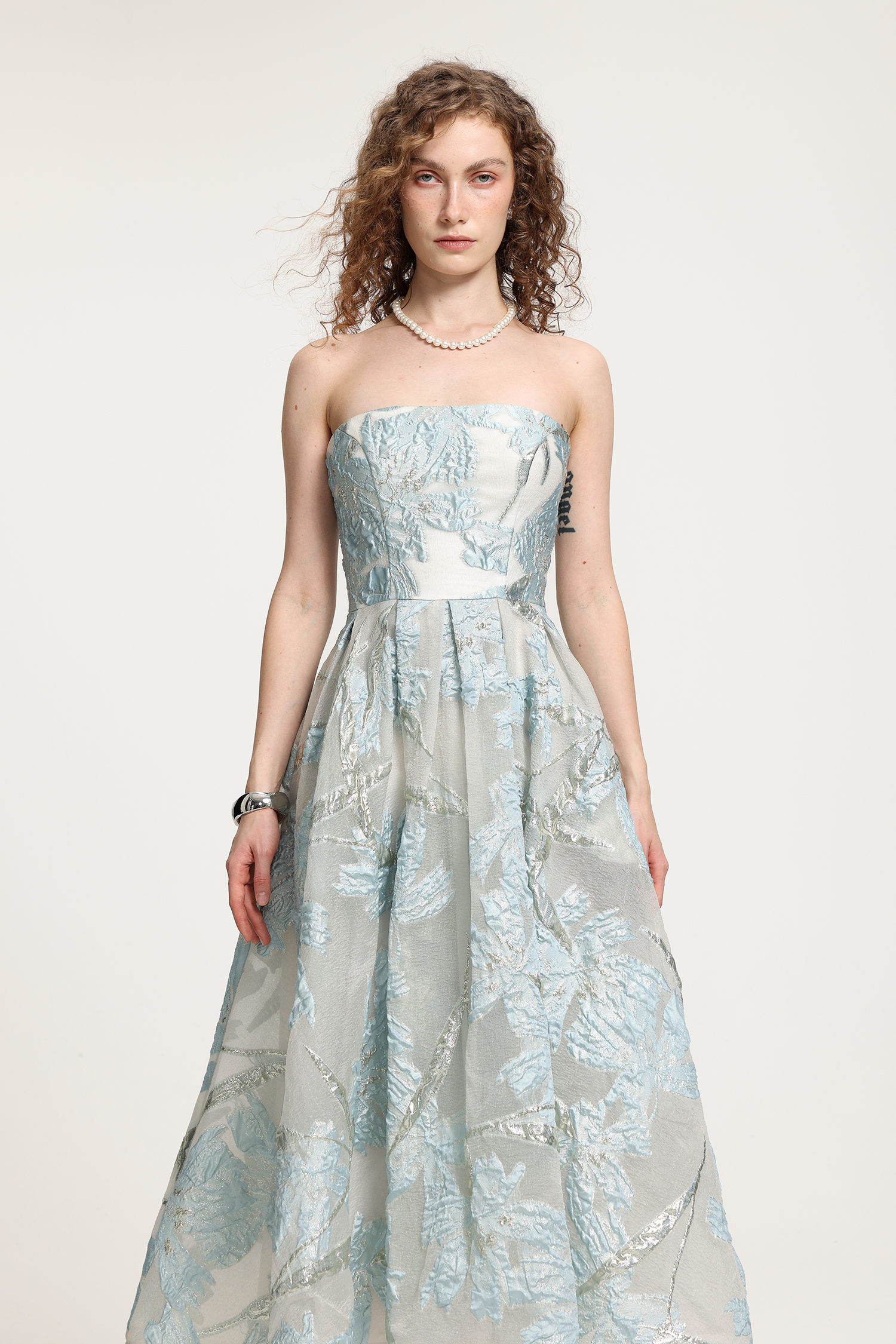 Light Blue Floral Jacquard Strapless Midi A-Line Dress