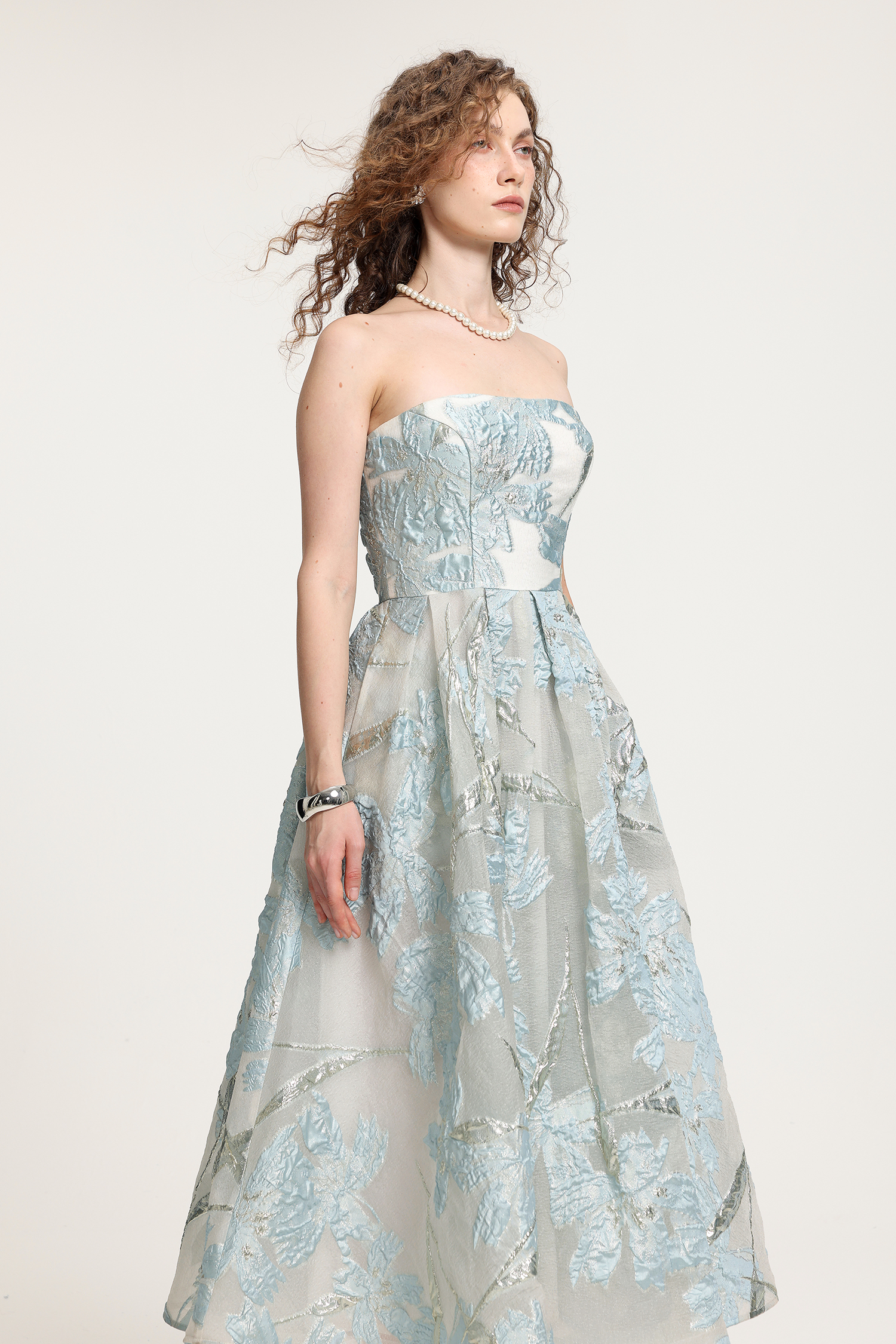 Light Blue Floral Jacquard Strapless Midi A-Line Dress