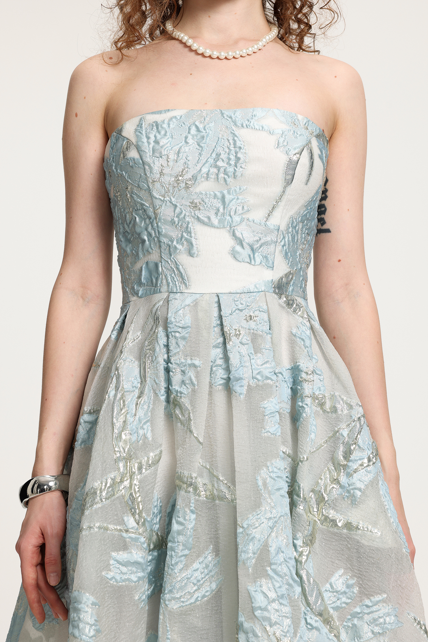 Light Blue Floral Jacquard Strapless Midi A-Line Dress