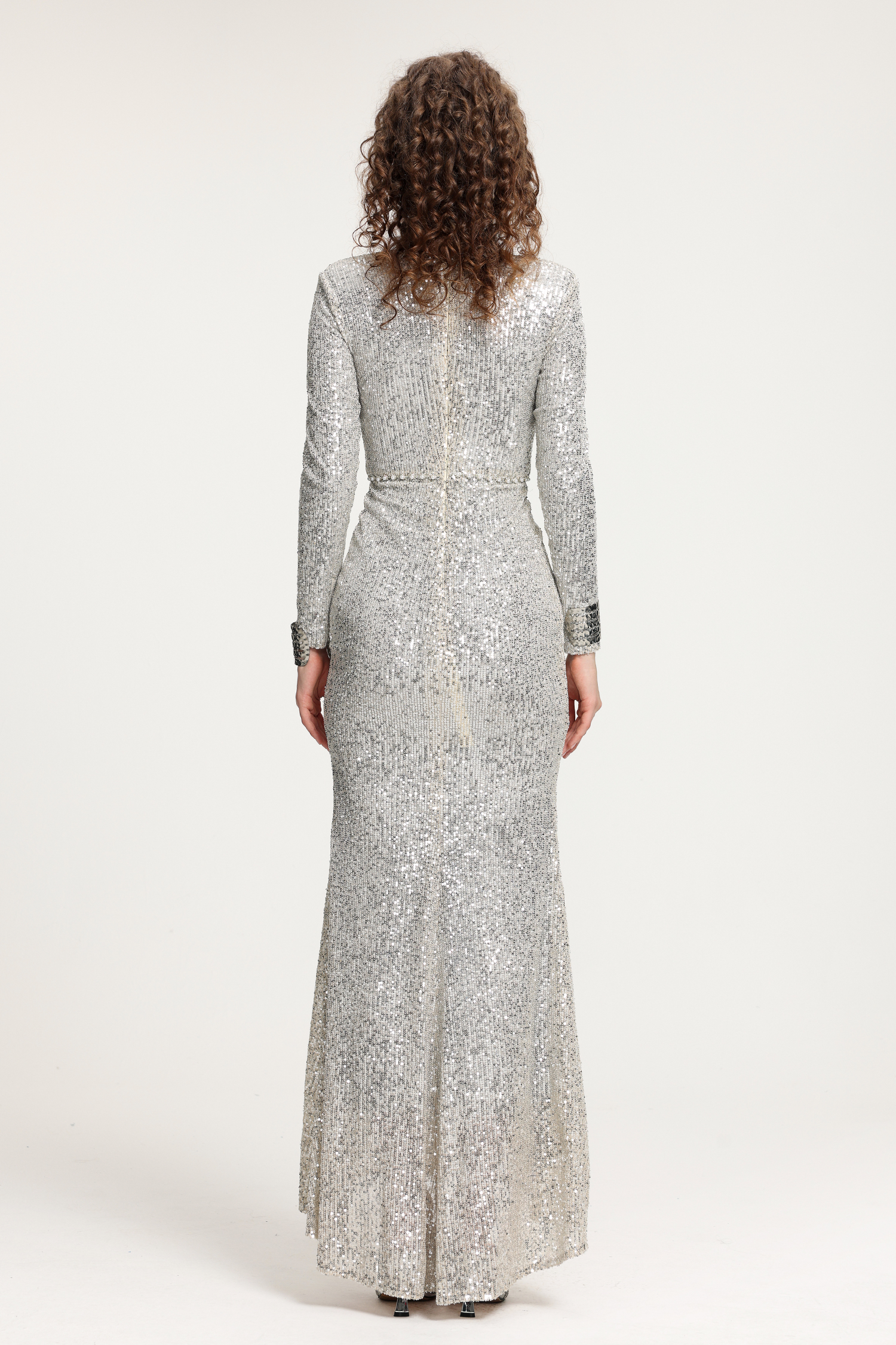 Silver Sequin Long-Sleeve Mermaid Gown