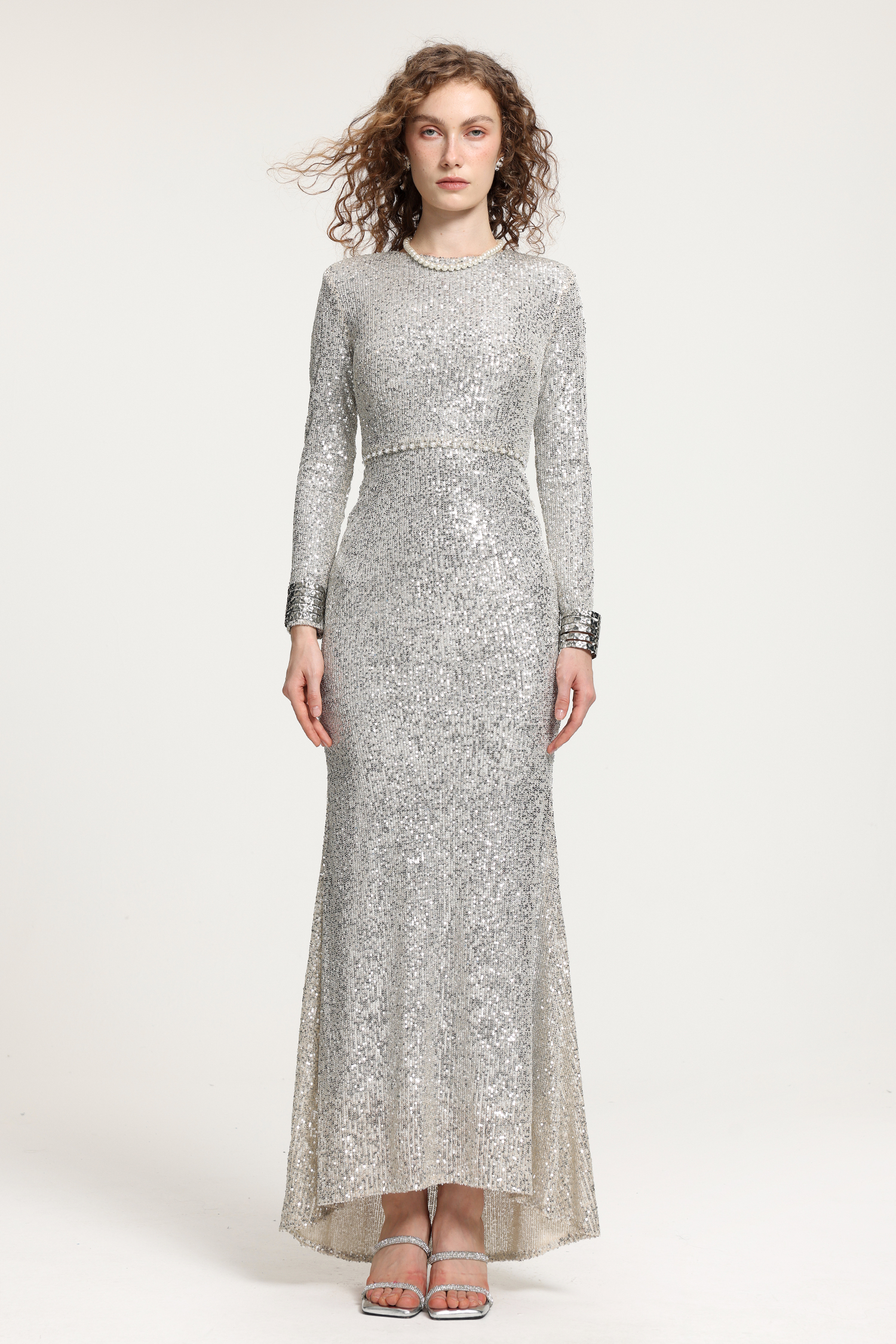 Silver Sequin Long-Sleeve Mermaid Gown