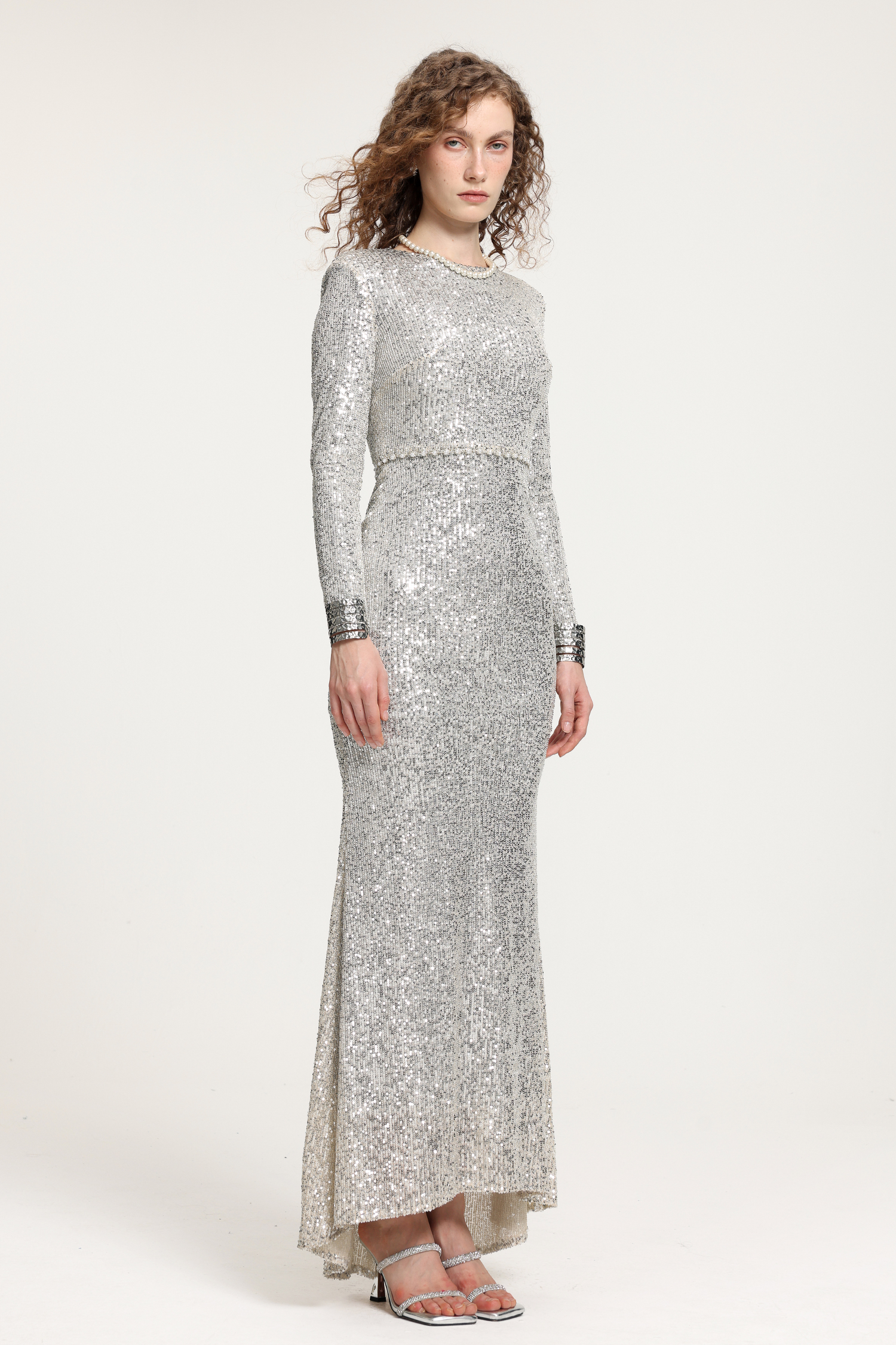 Silver Sequin Long-Sleeve Mermaid Gown