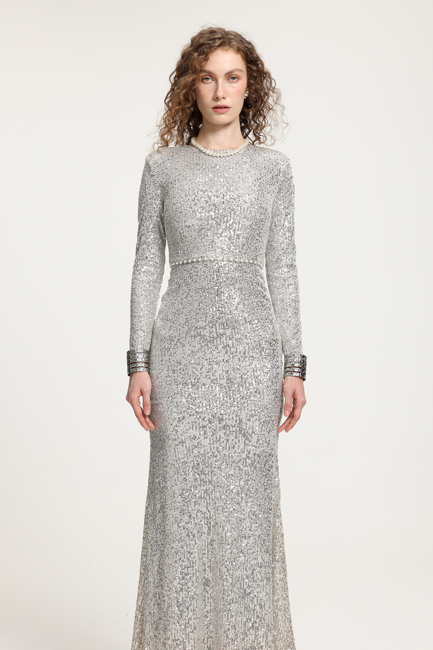 Silver Sequin Long-Sleeve Mermaid Gown