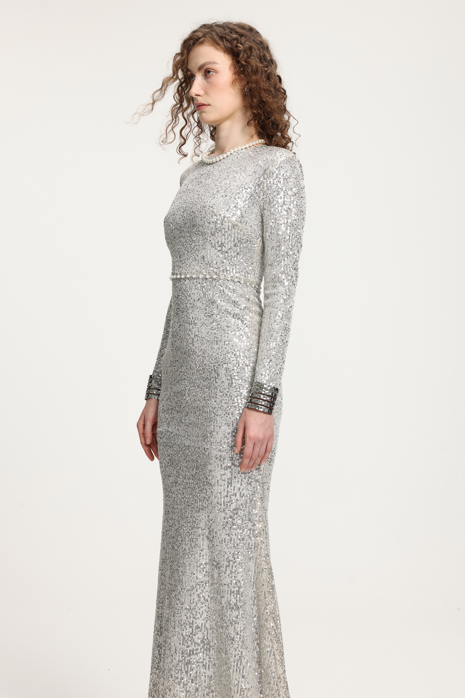 Silver Sequin Long-Sleeve Mermaid Gown