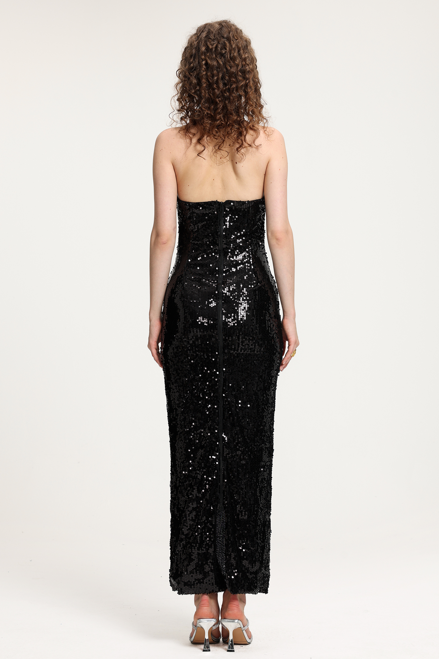 Black Sequin High-Neck Gown With White Collar Detail