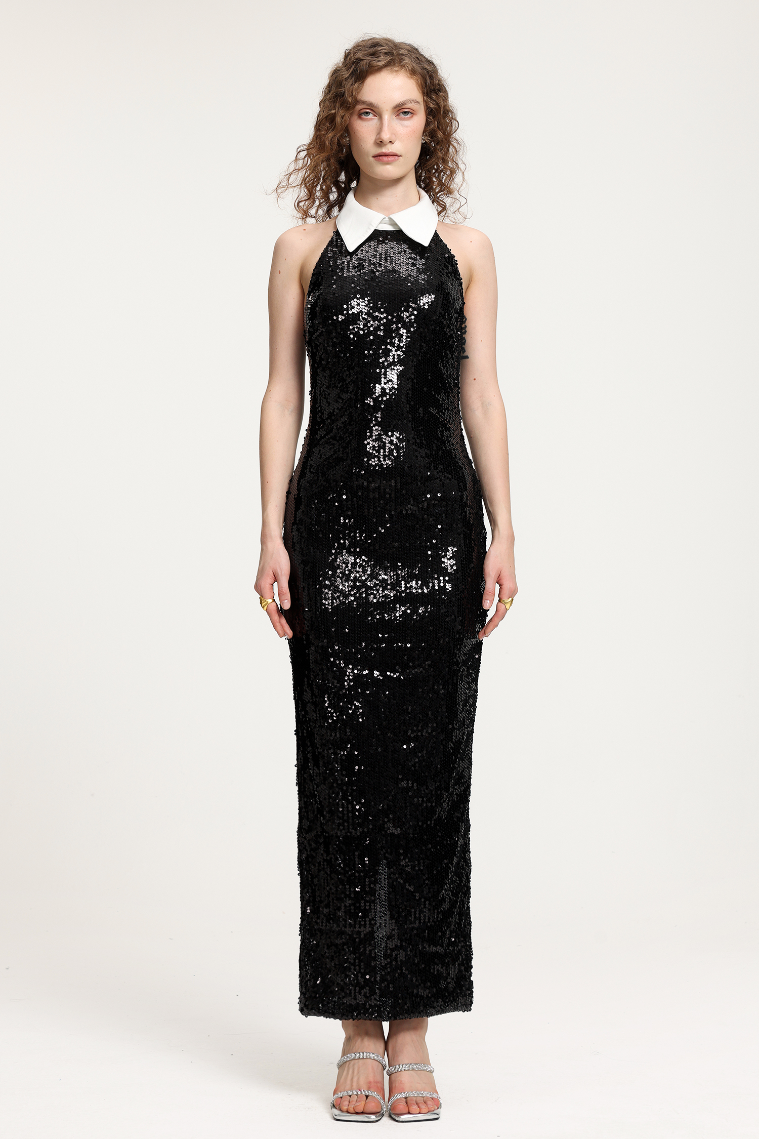 Black Sequin High-Neck Gown With White Collar Detail
