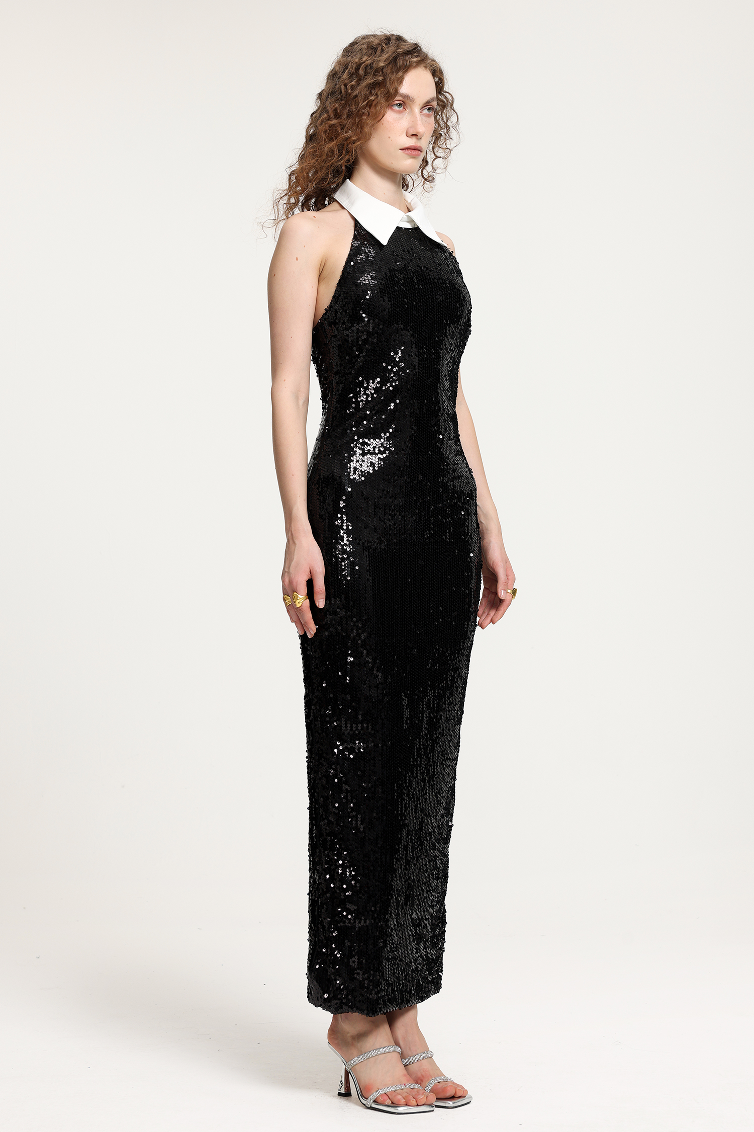 Black Sequin High-Neck Gown With White Collar Detail