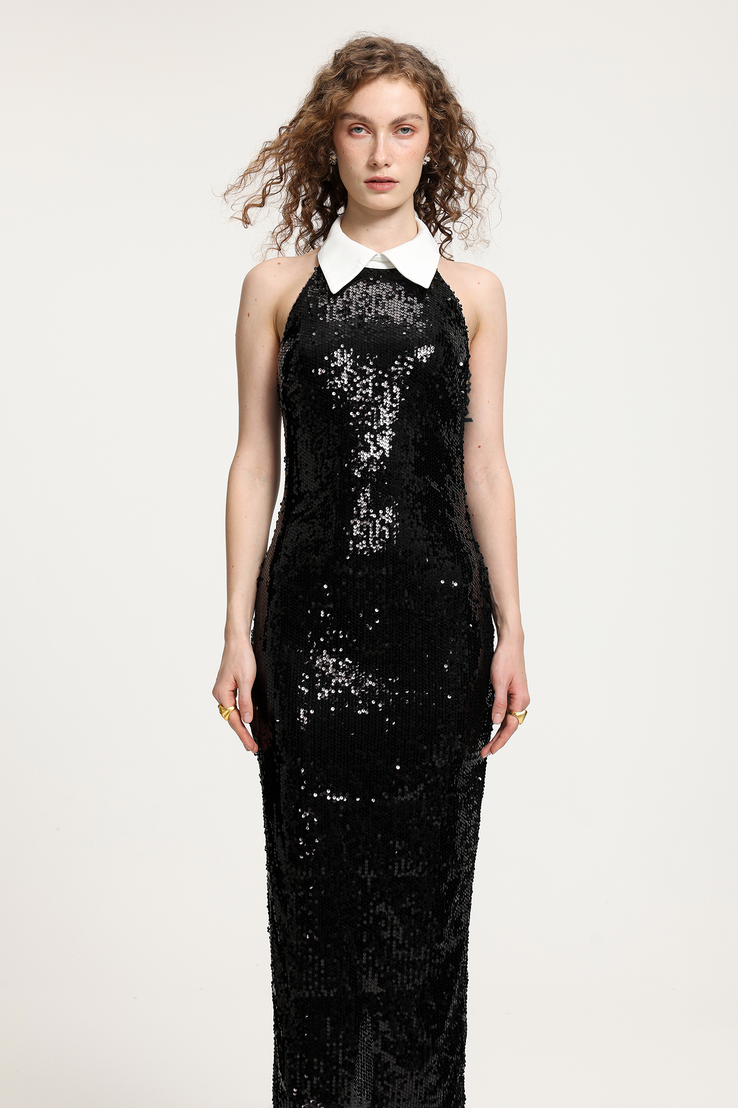 Black Sequin High-Neck Gown With White Collar Detail