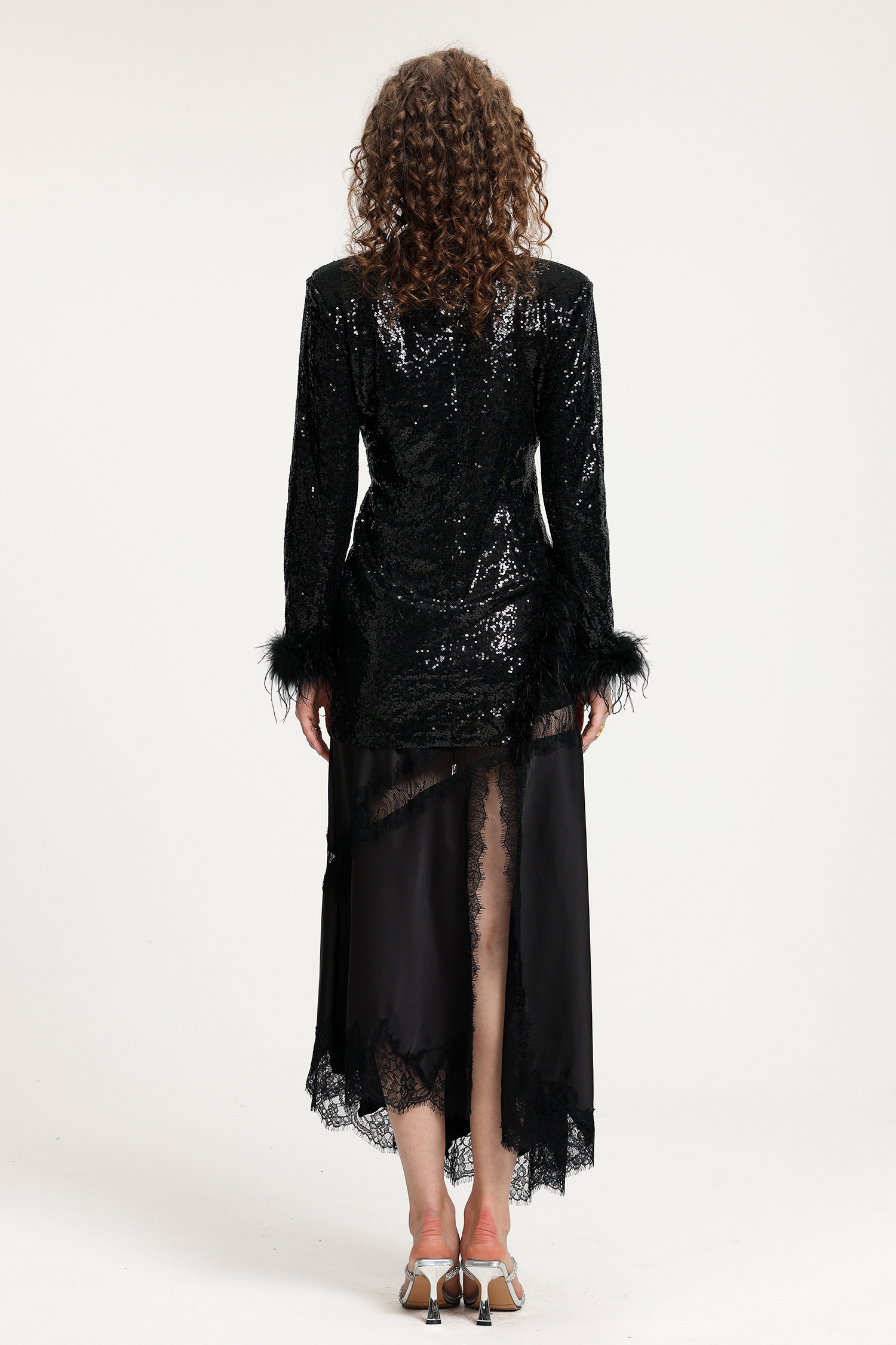 Black Sequin Blazer With Ostrich Feather Cuffs And Curved Cutout Detail