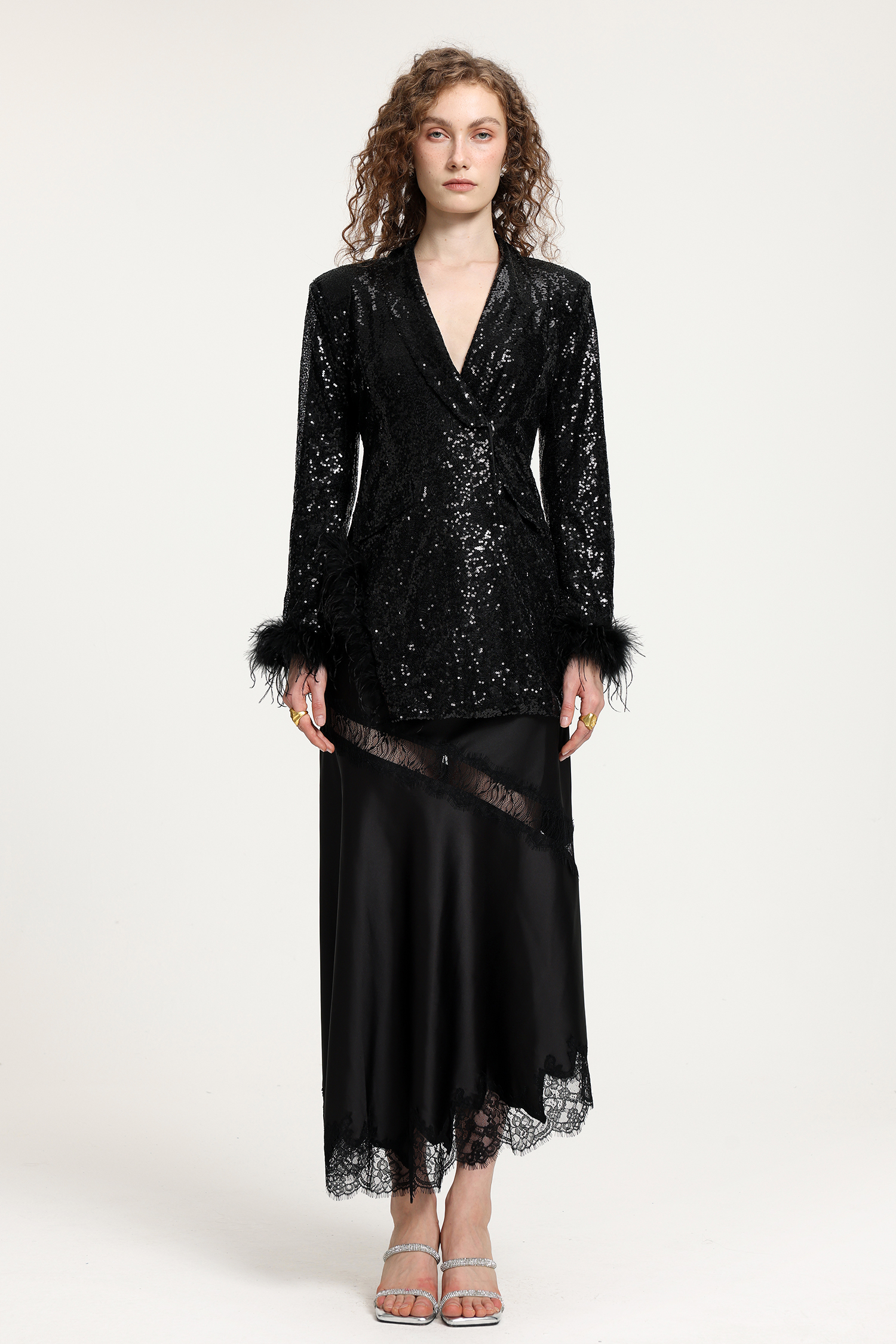 Black Sequin Blazer With Ostrich Feather Cuffs And Curved Cutout Detail