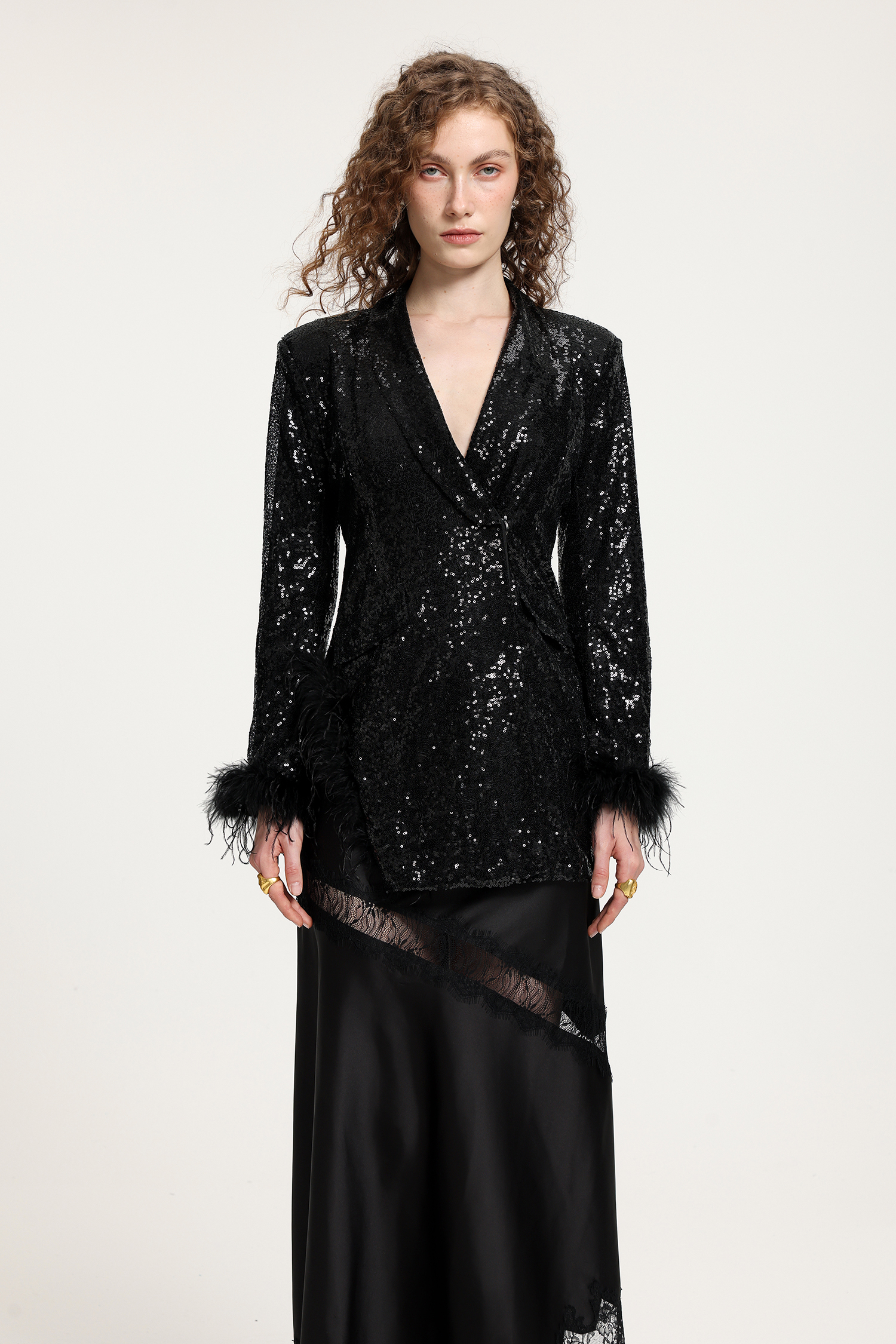Black Sequin Blazer With Ostrich Feather Cuffs And Curved Cutout Detail
