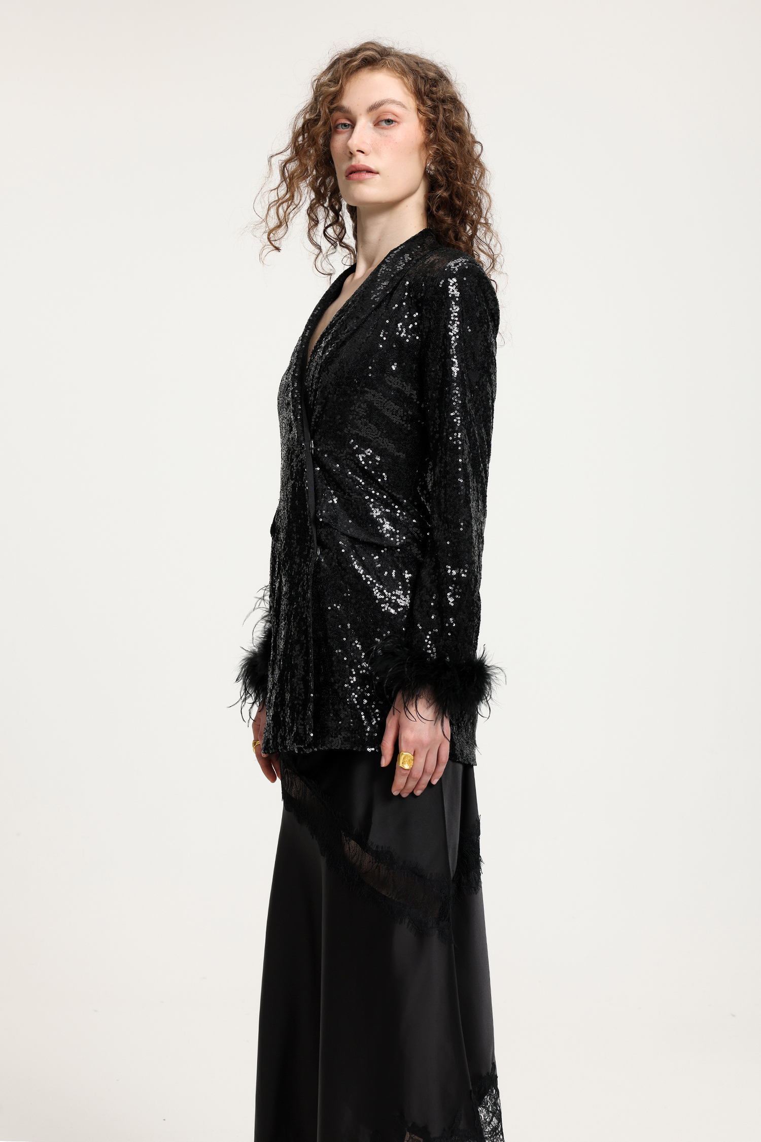 Black Sequin Blazer With Ostrich Feather Cuffs And Curved Cutout Detail