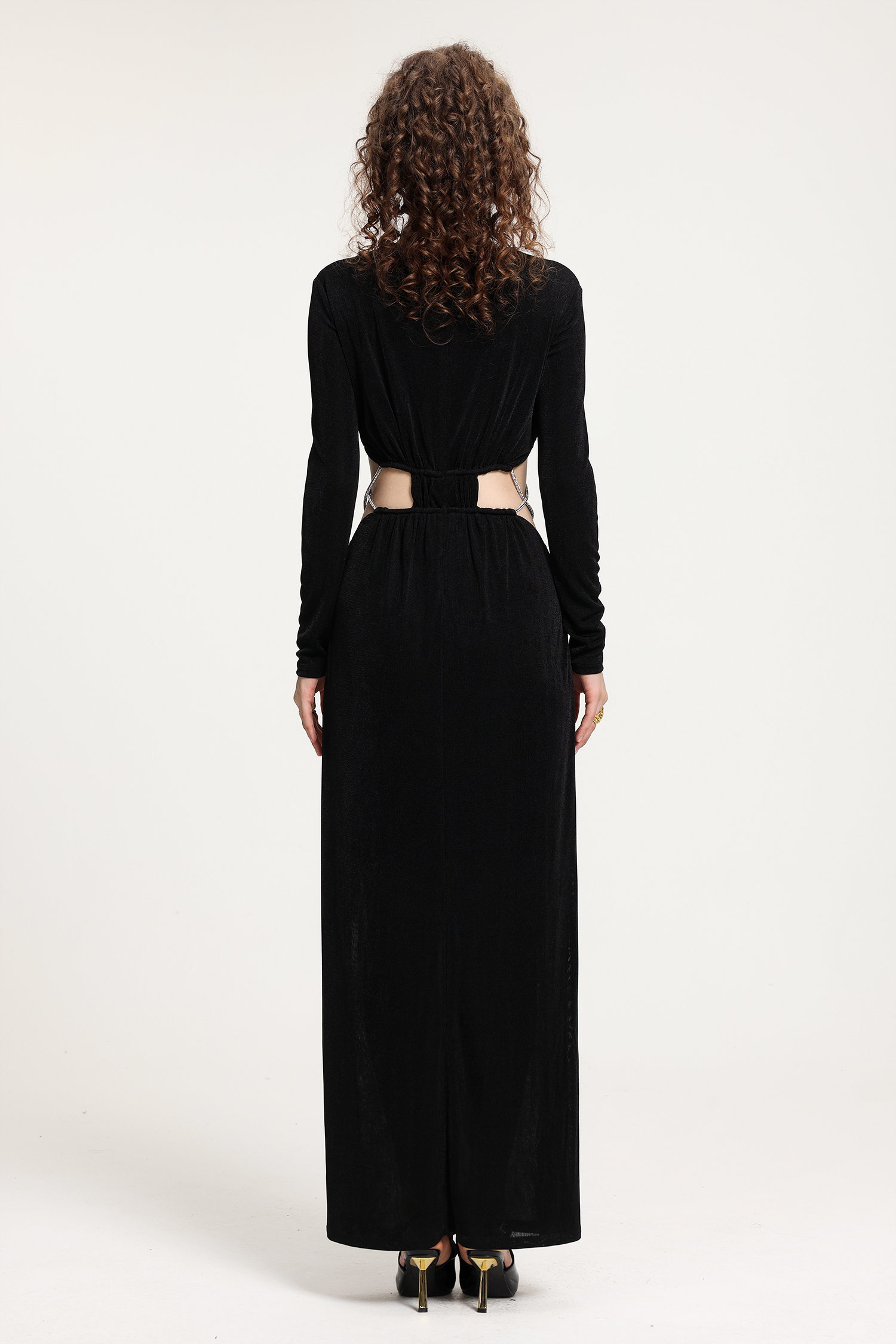 Black Long-Sleeve Gown With Midsection Rhinestone Crisscross Cutout