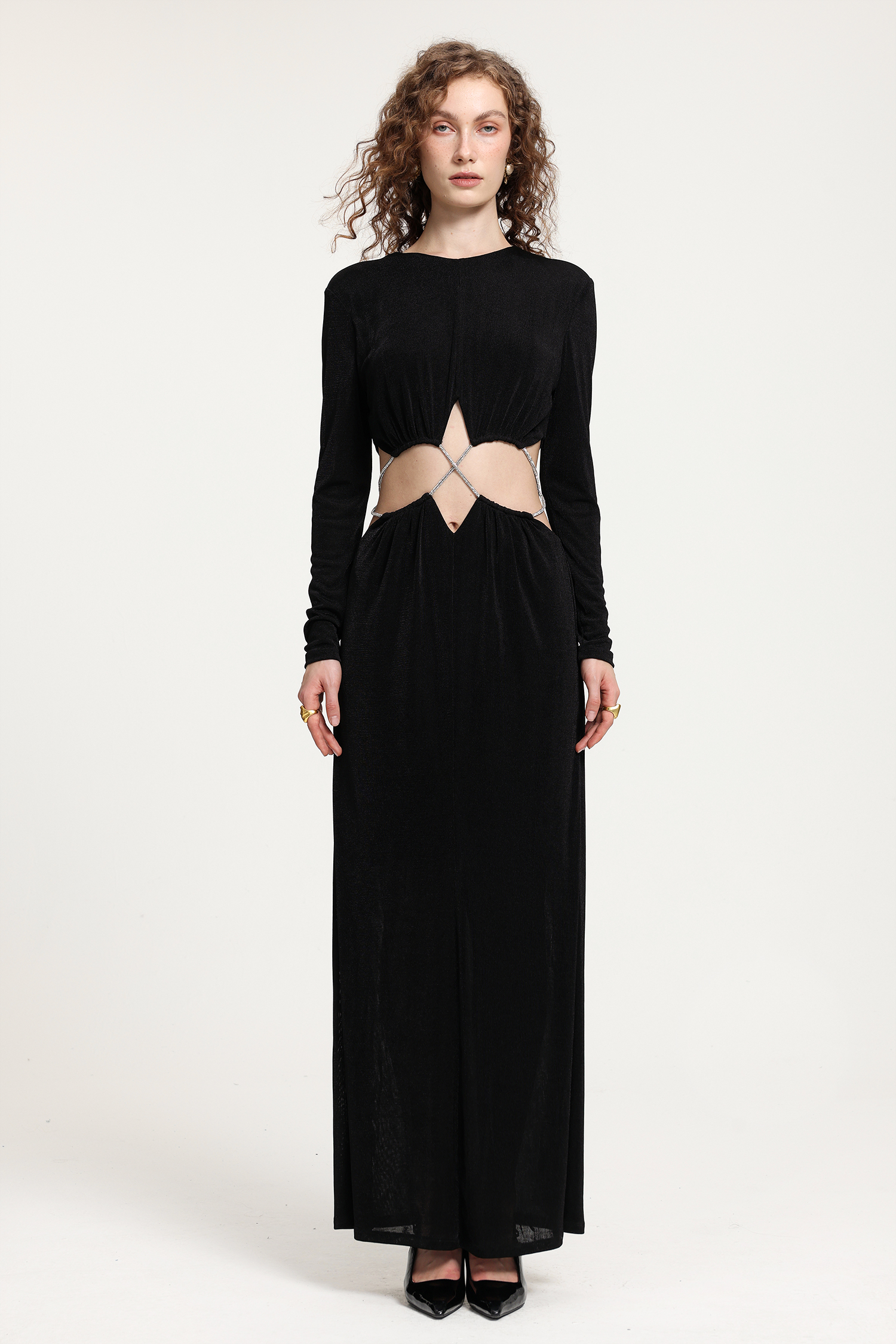 Black Long-Sleeve Gown With Midsection Rhinestone Crisscross Cutout