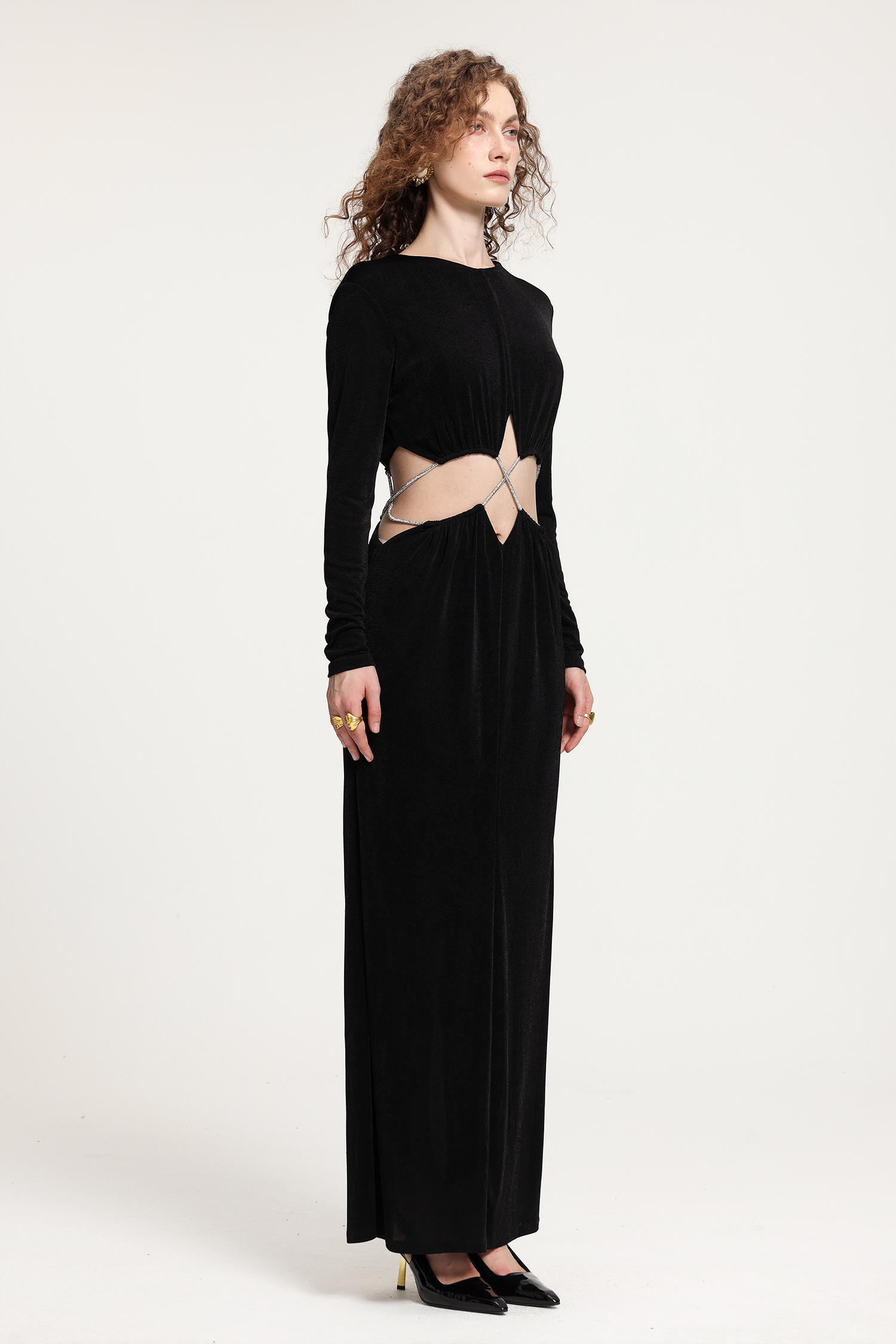 Black Long-Sleeve Gown With Midsection Rhinestone Crisscross Cutout