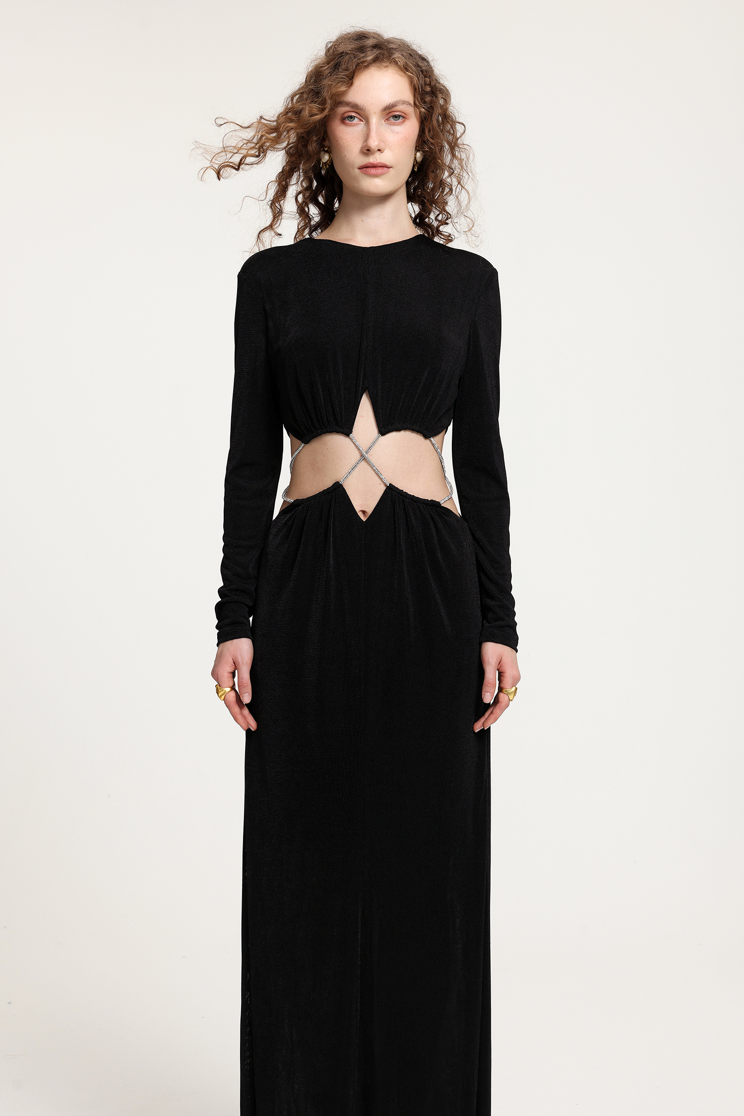 Black Long-Sleeve Gown With Midsection Rhinestone Crisscross Cutout