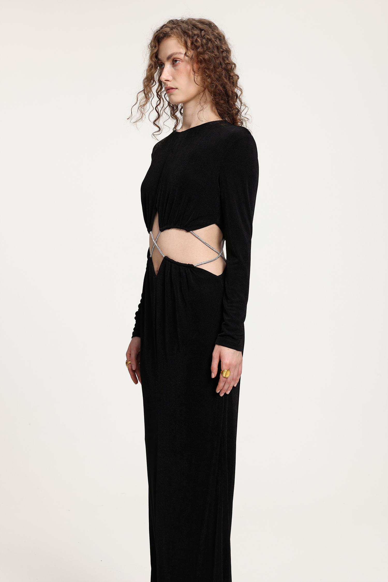 Black Long-Sleeve Gown With Midsection Rhinestone Crisscross Cutout