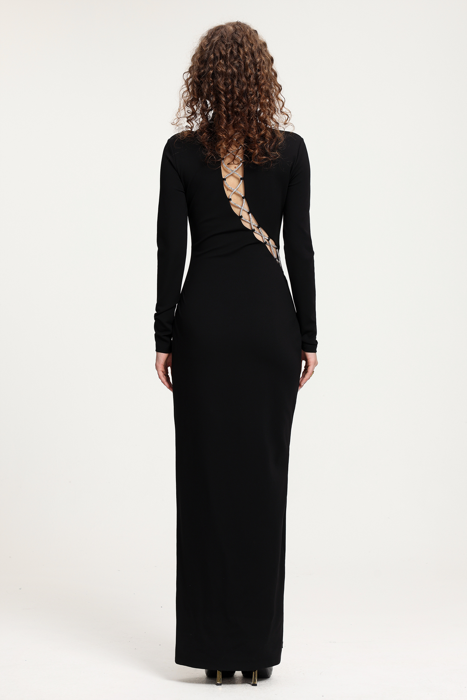 Black Mock Neck Gown With Rhinestone Lace-Up Side Slit